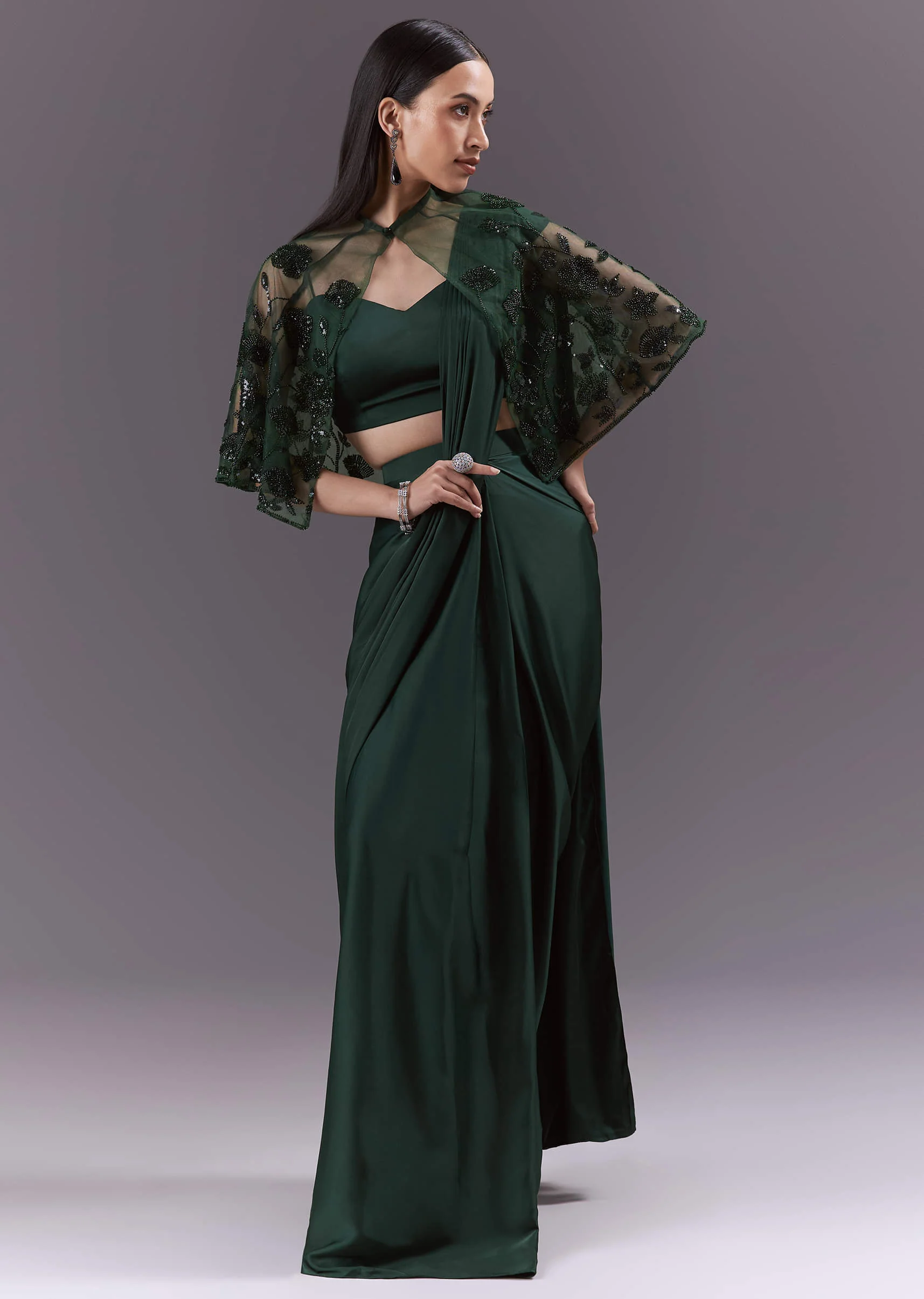 Green Satin Ready Pleated Saree With Embroidery - Image 4