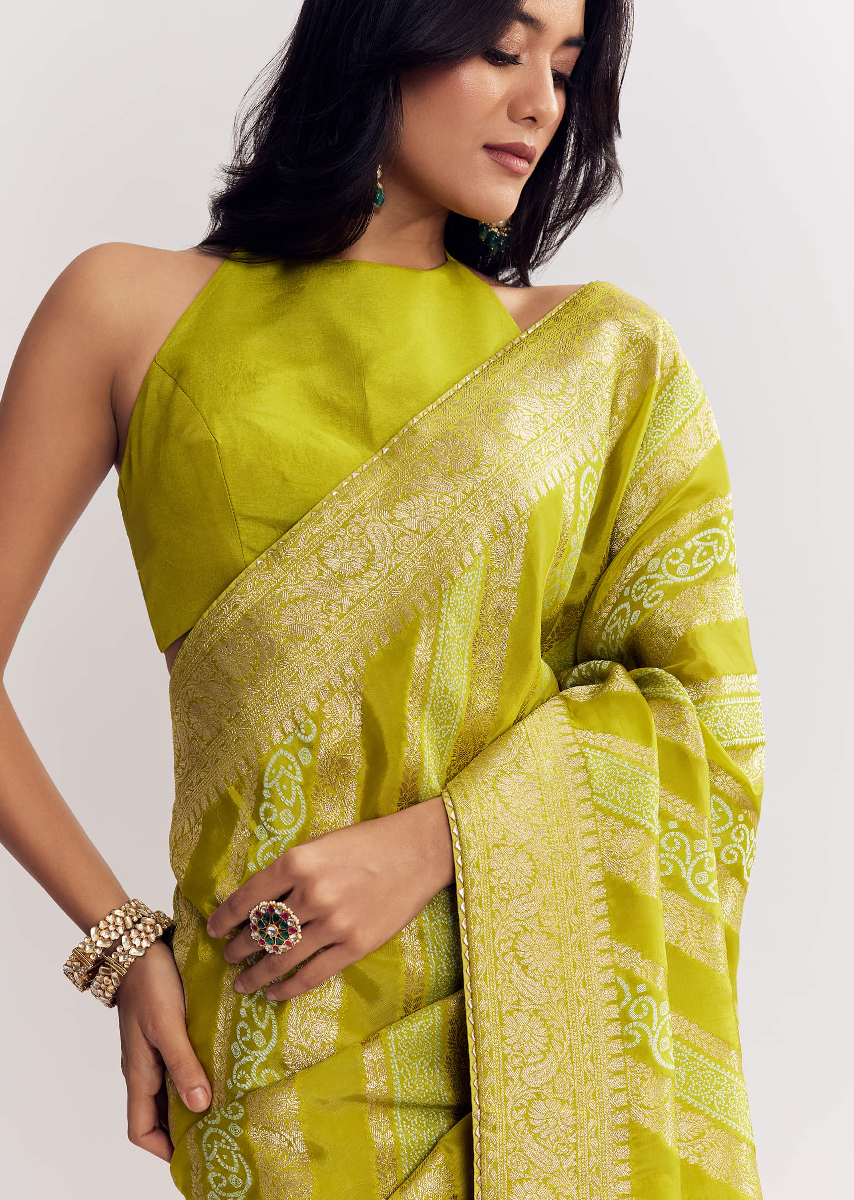 Green Satin Saree With Zari Vine Design - Image 2