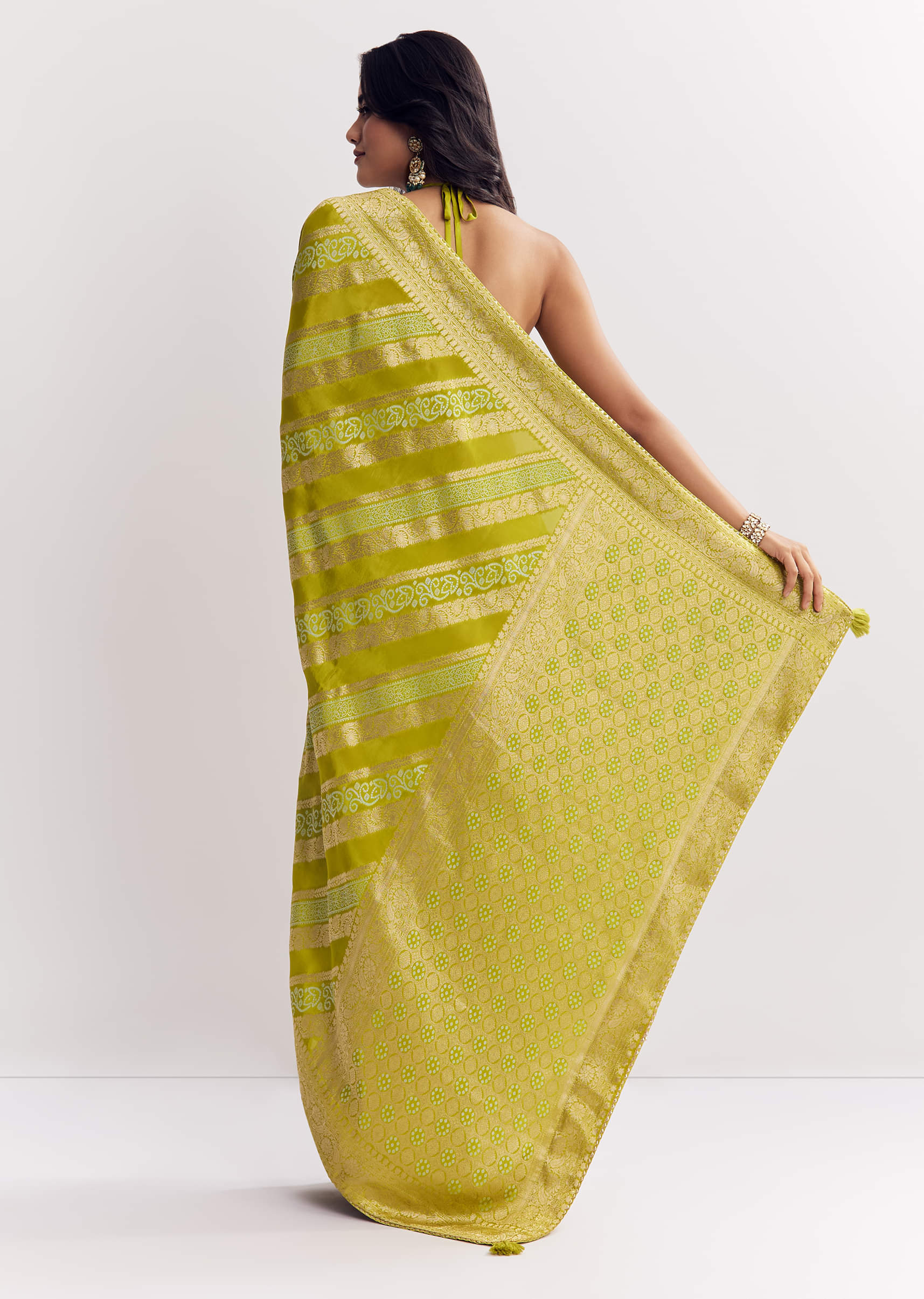 Green Satin Saree With Zari Vine Design - Image 4