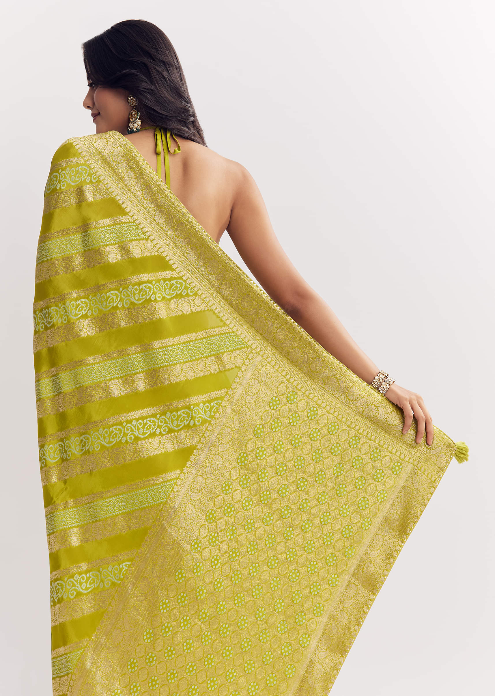 Green Satin Saree With Zari Vine Design - Image 6