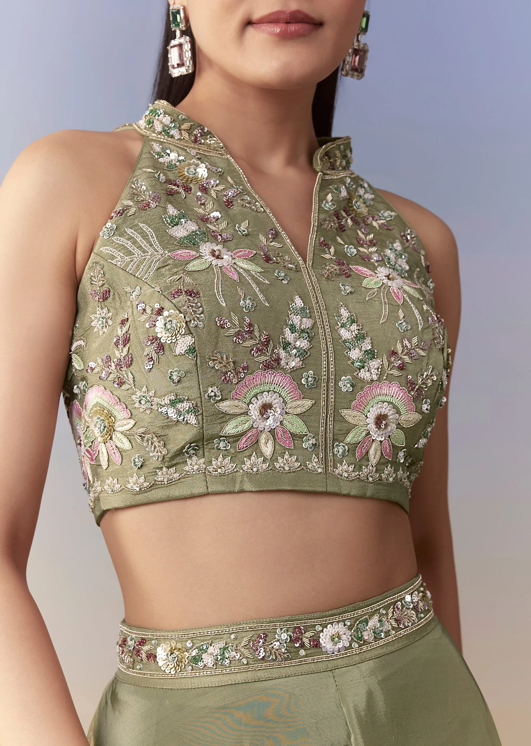 Green Sequin Embellished Crop Top Palazzo Set - Image 2
