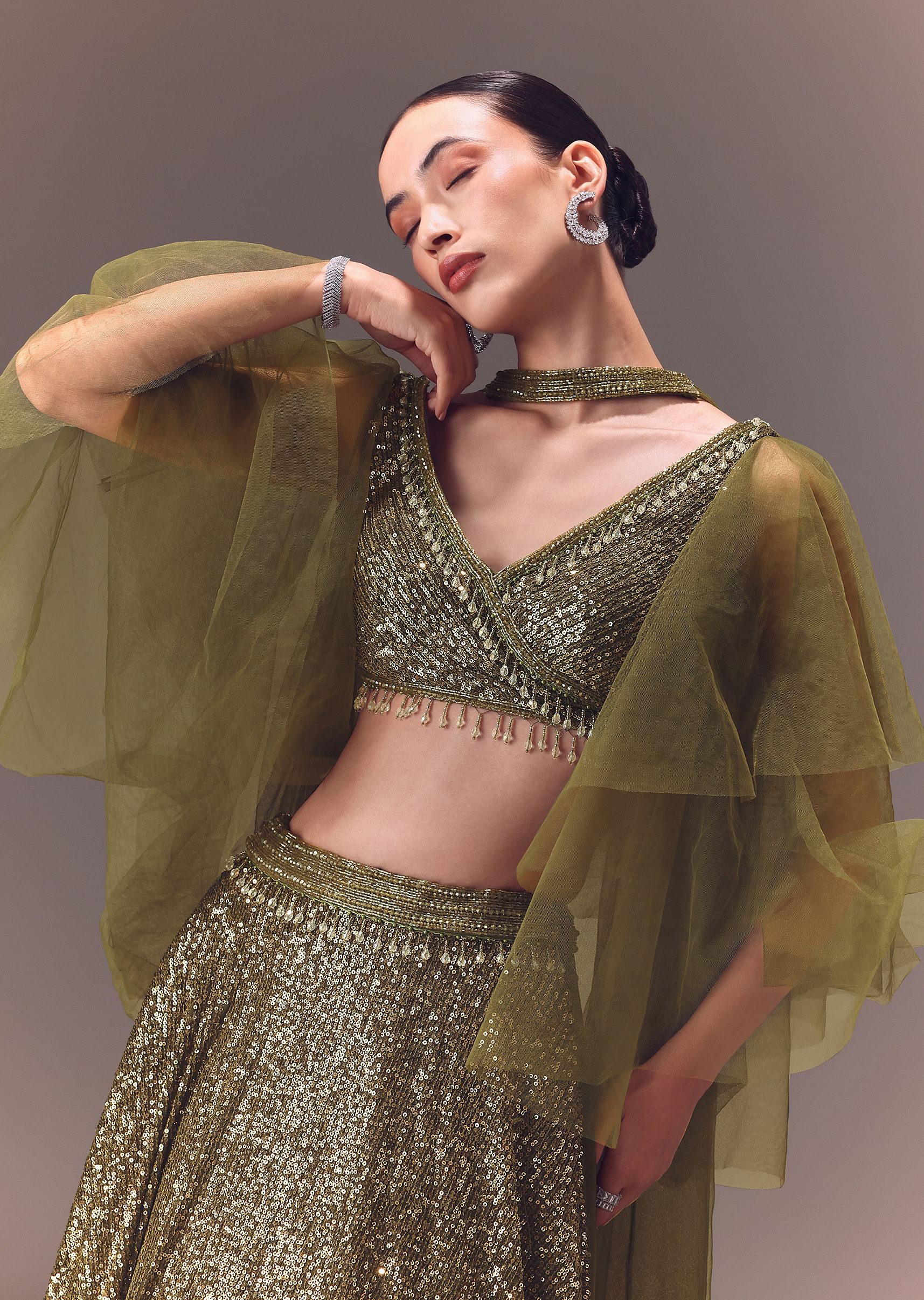 Green Sequin Frill Blouse With Lehenga And Choker Dupatta - Image 2