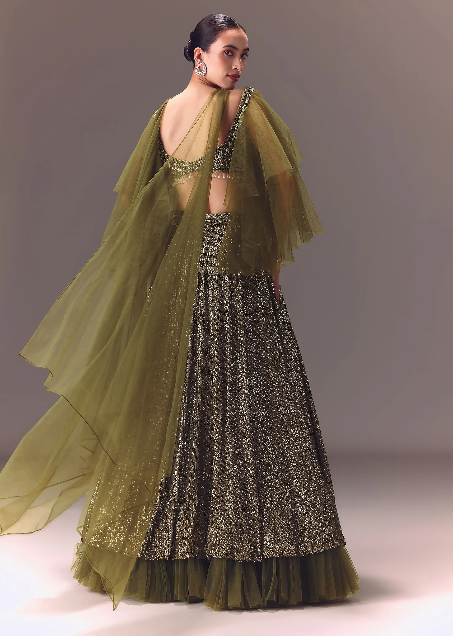 Green Sequin Frill Blouse With Lehenga And Choker Dupatta - Image 5