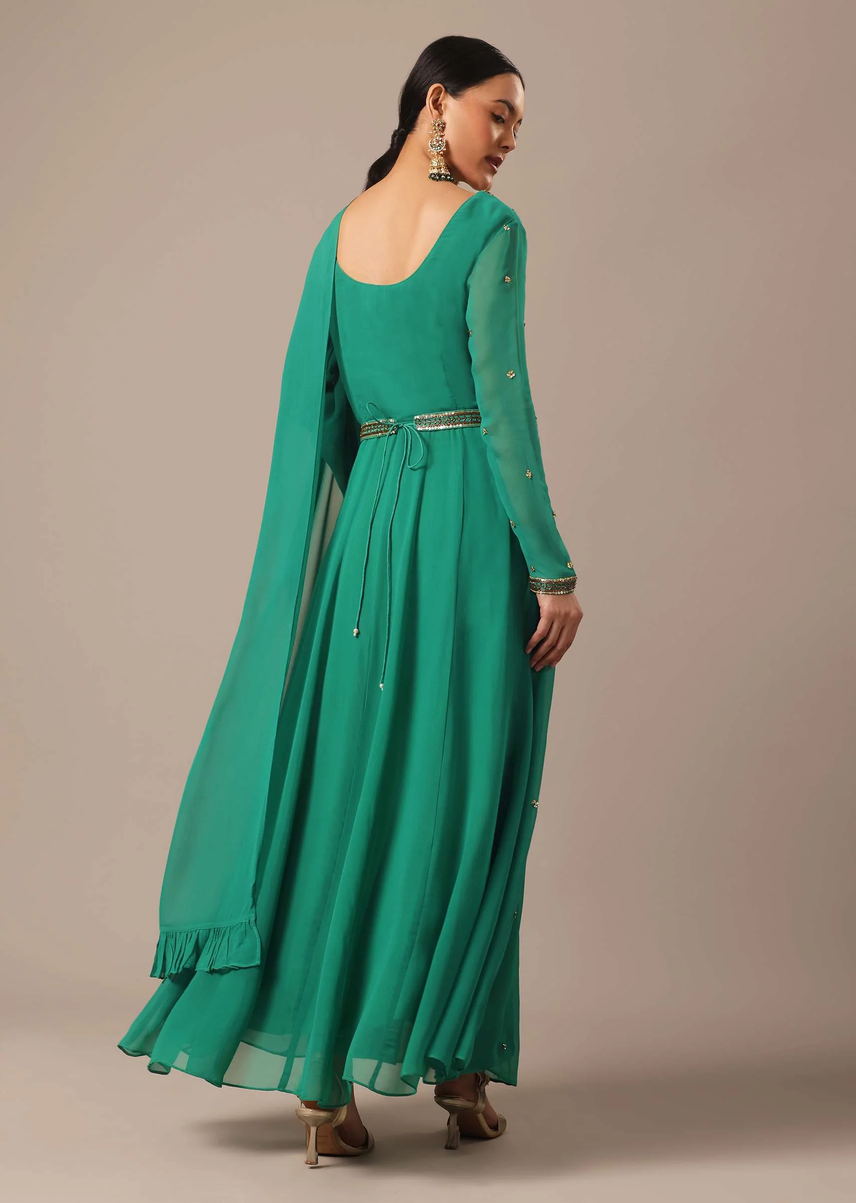Green Sequin Work Anarkali Set With Embroidered Belt And Dupatta - Image 5