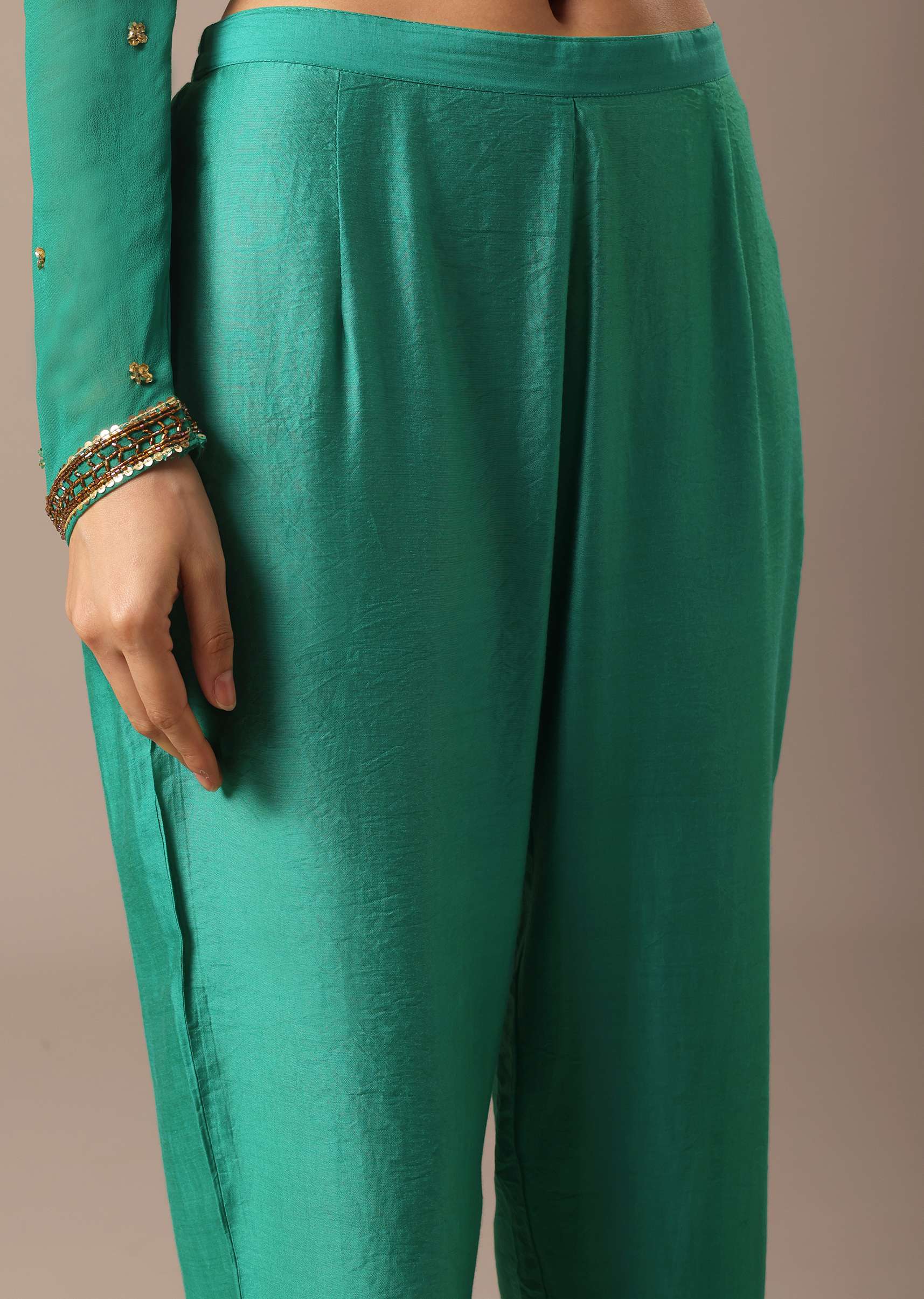 Green Sequin Work Anarkali Set With Embroidered Belt And Dupatta - Image 6