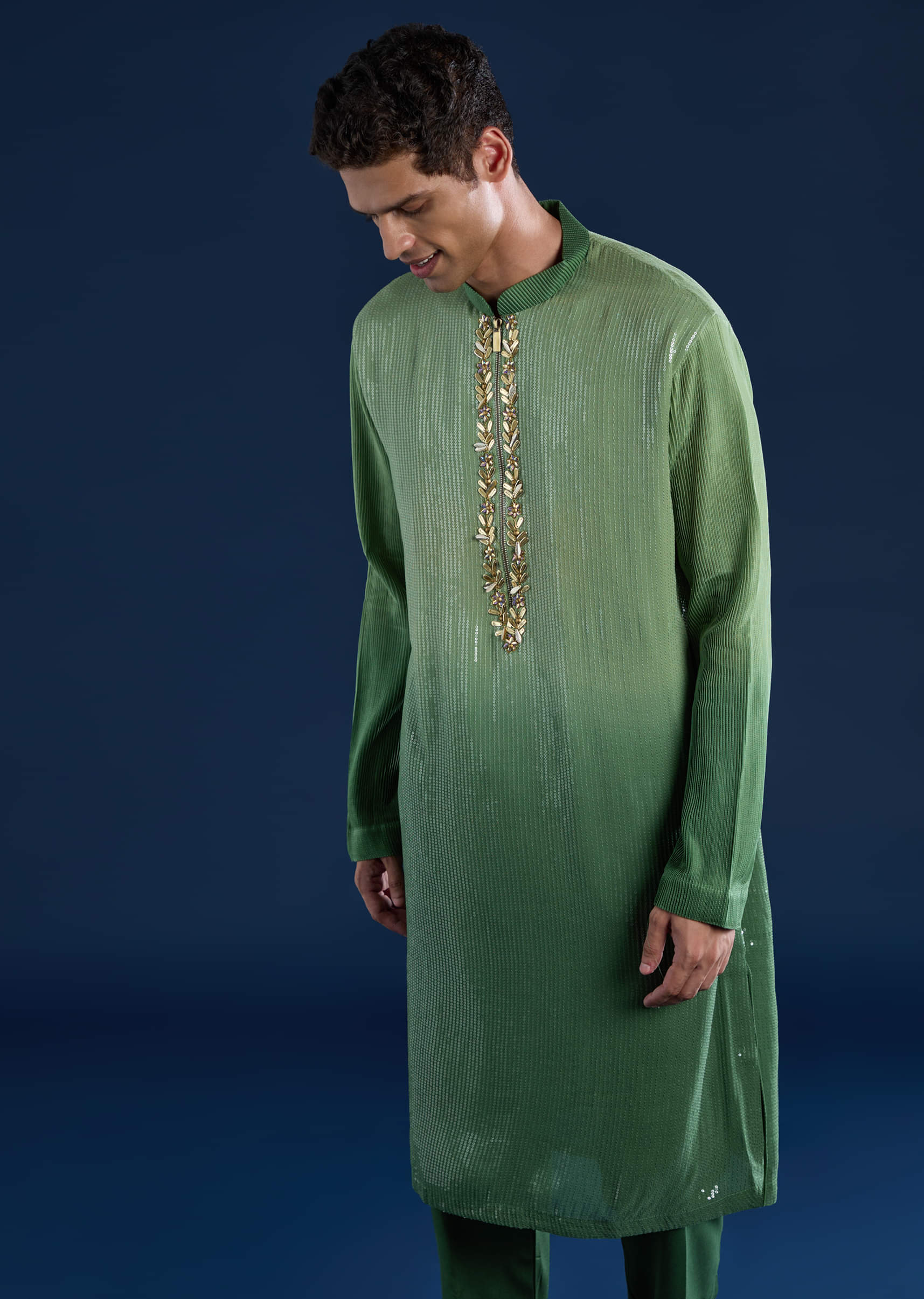 Green Sequin Work Mens Kurta and Pant Set - Image 4