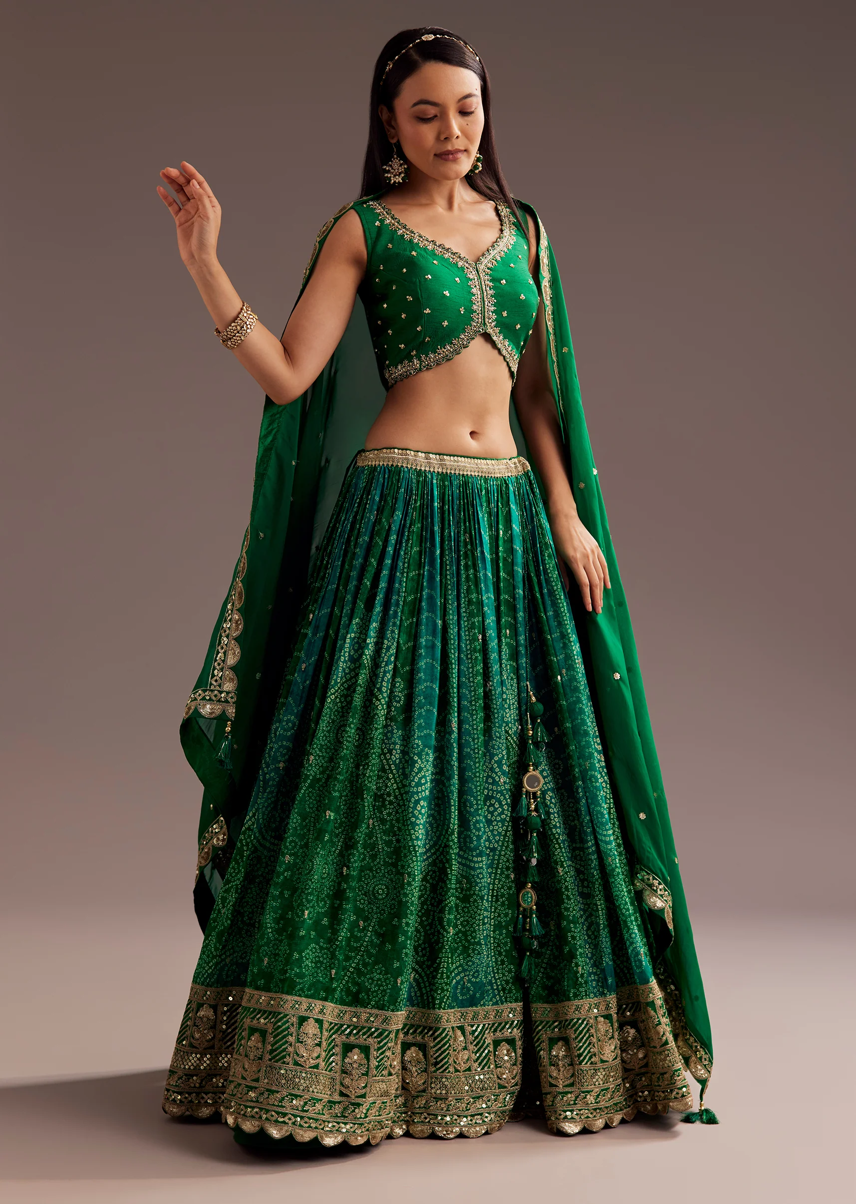 Green Sequins Bandhani Lehenga Dupatta Set - Image 3