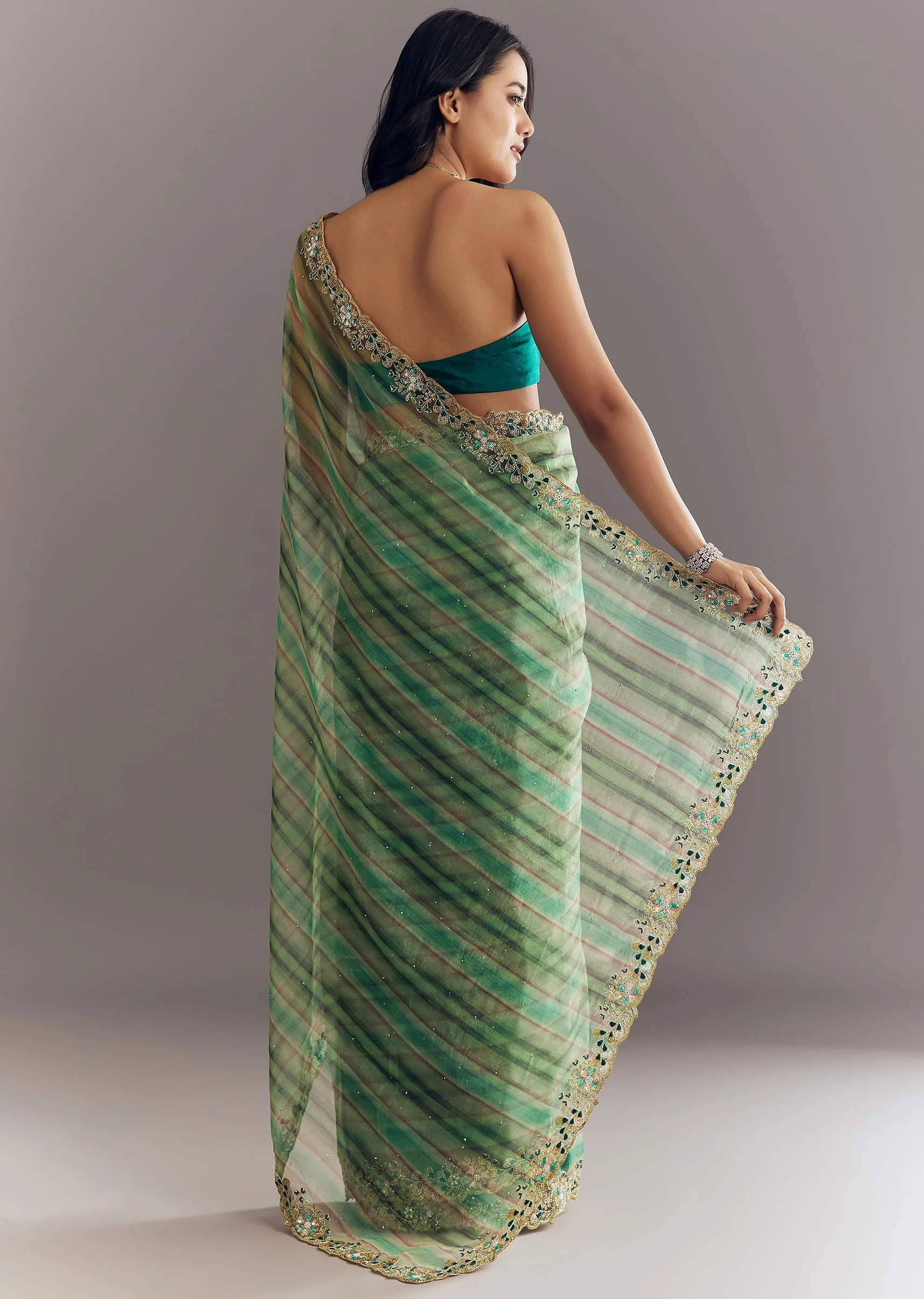 Green Shaded Tissue Saree With Cutdana Sequins And Beads Embroidery And Scallop Border - Image 6