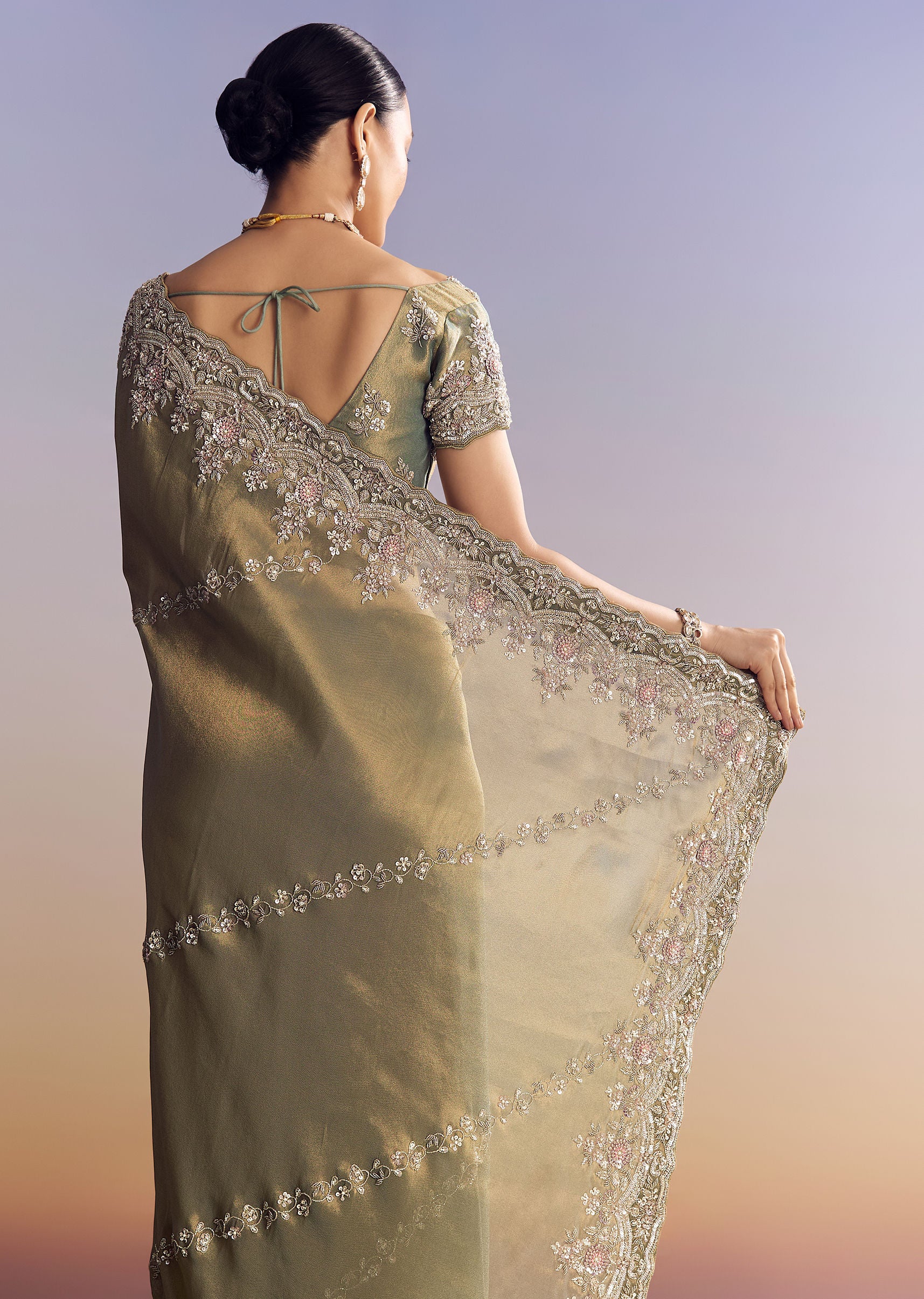 Green Shaded Tissue Saree With Embroidered Borders - Image 4