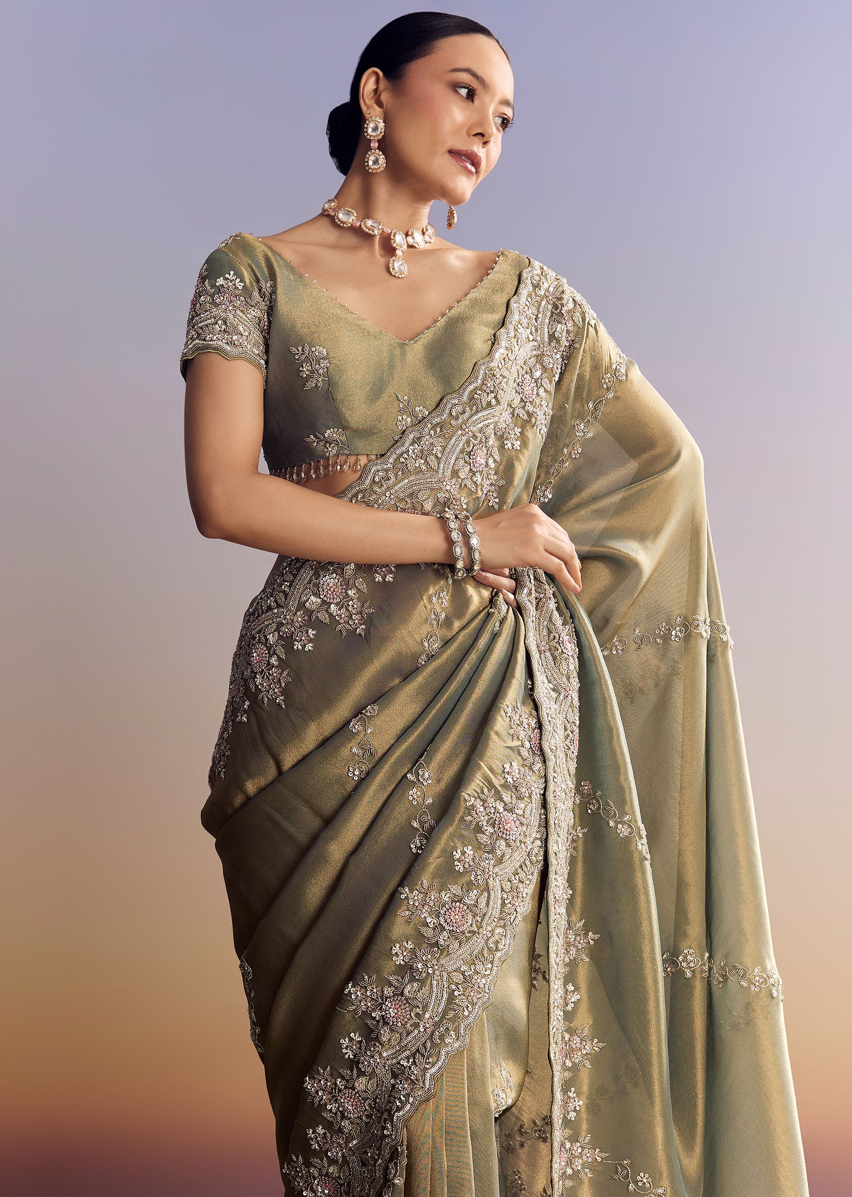 Green Shaded Tissue Saree With Embroidered Borders - Image 5