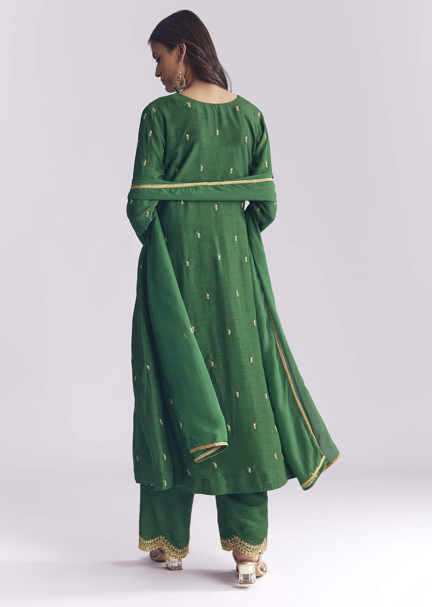 Green Silk Anarkali Suit With Zari Thread Work - Image 5