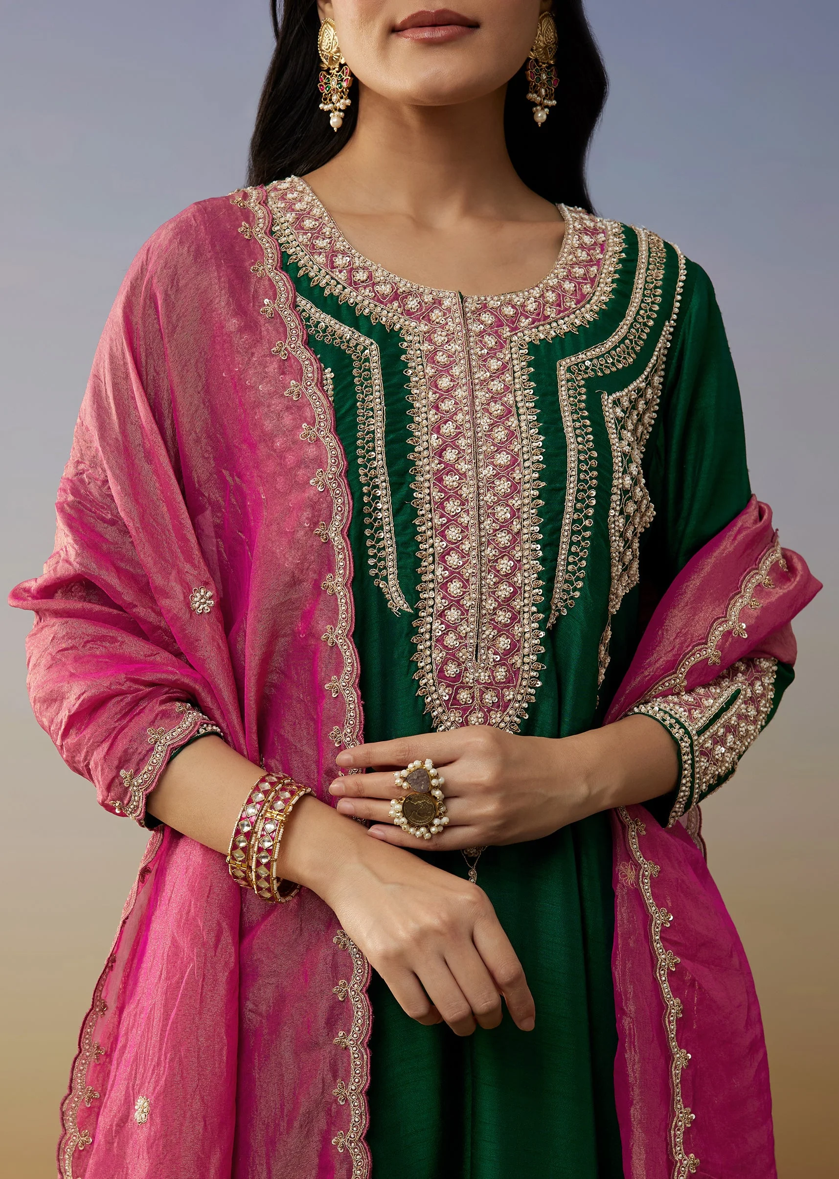 Green Silk Anarkali Suits with Moti and Sequins Work - Image 2