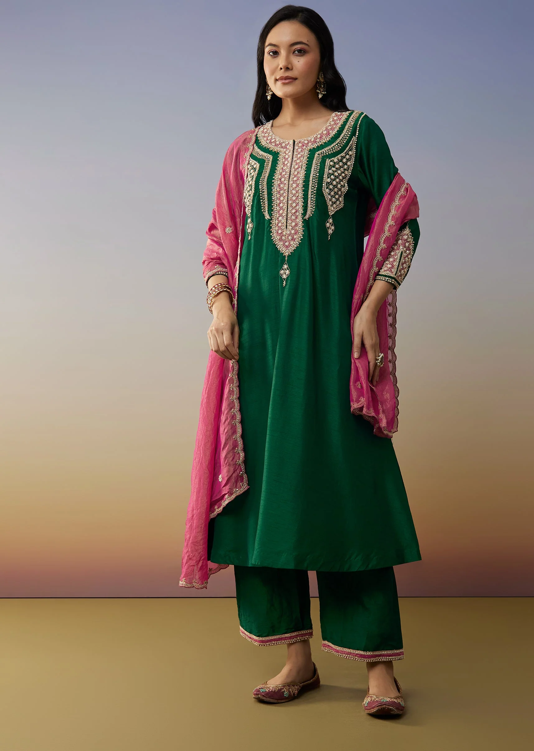 Green Silk Anarkali Suits with Moti and Sequins Work - Image 3