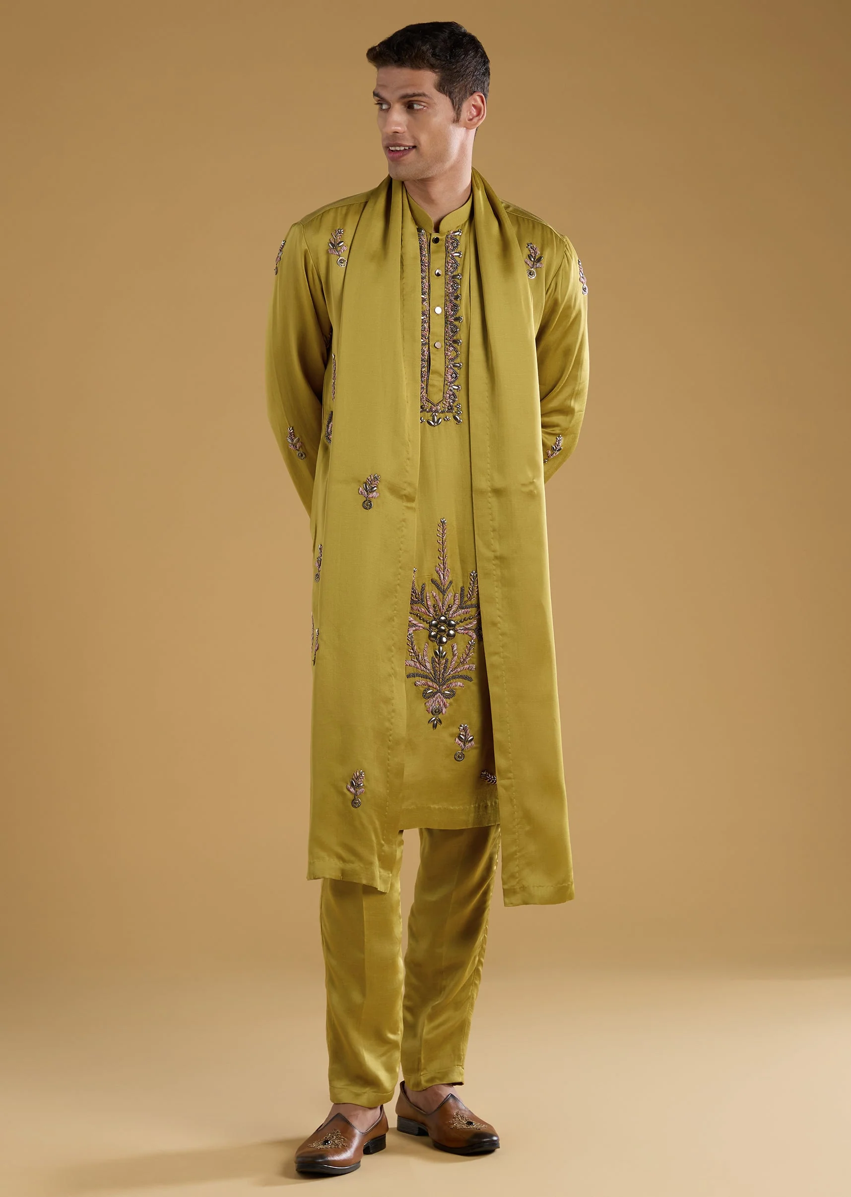 Green Silk Bead Work Men's Kurta Set with Dupatta - Image 2
