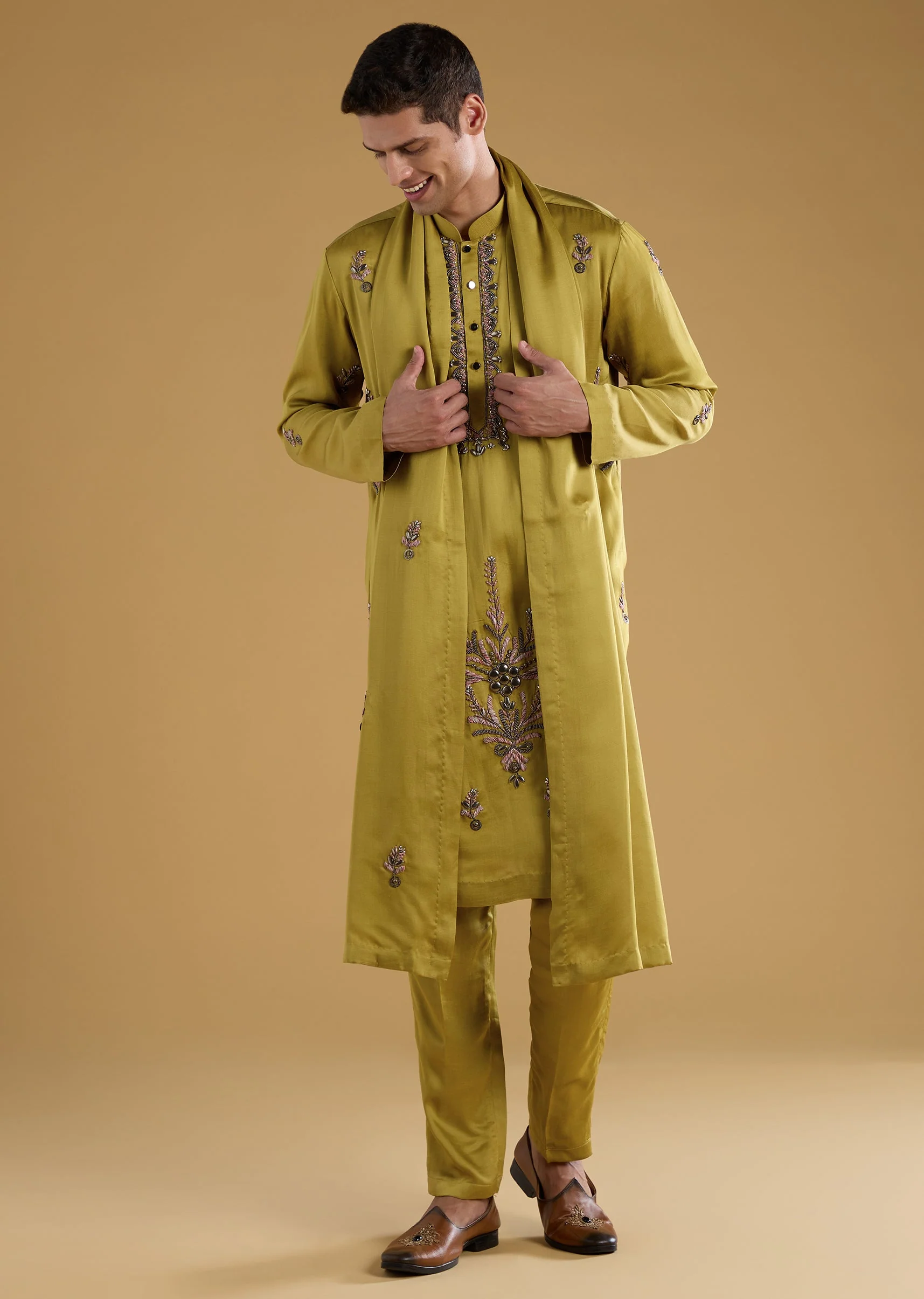 Green Silk Bead Work Men's Kurta Set with Dupatta - Image 4