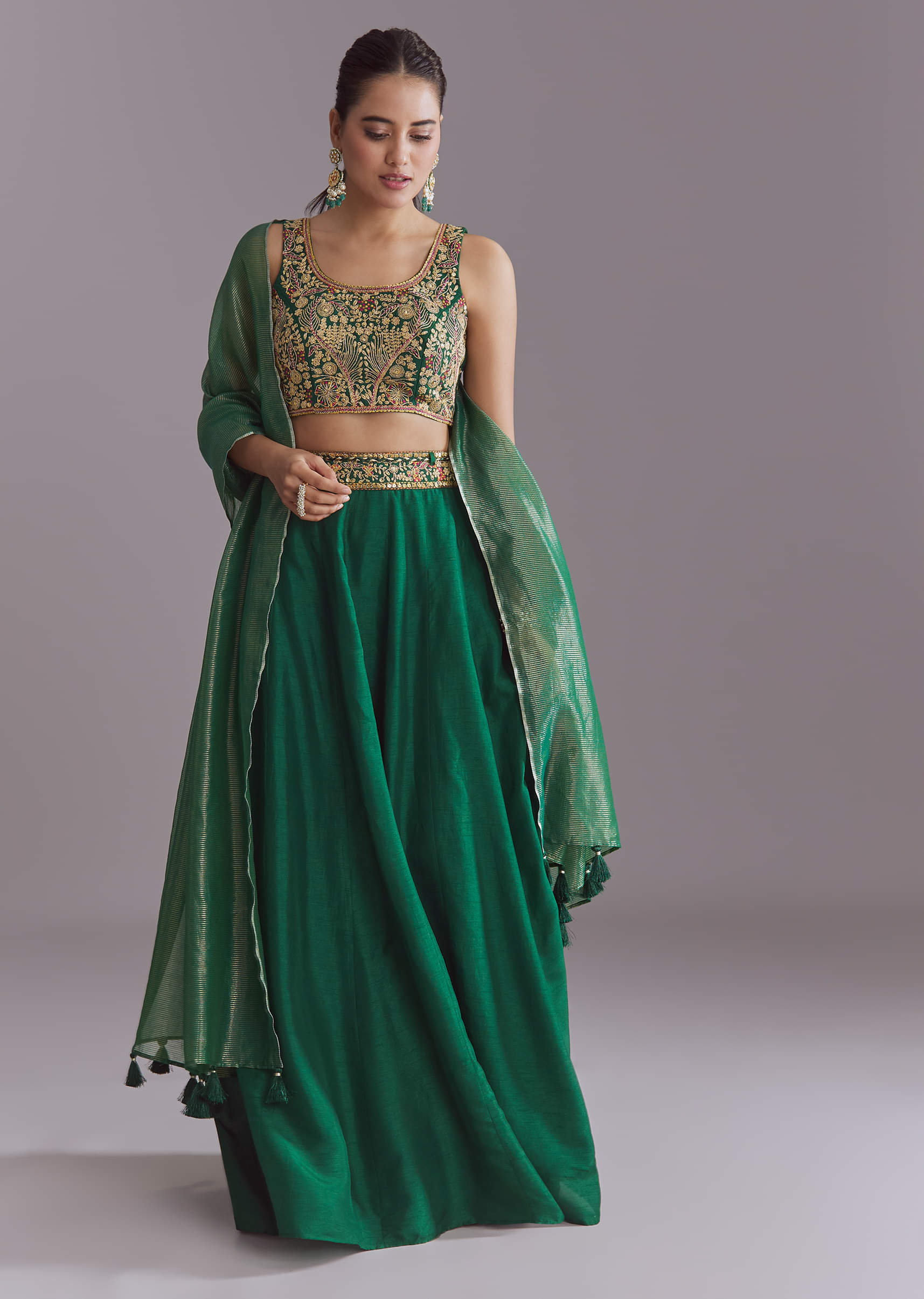Green Silk Festive Lehenga With Zari Work - Image 3