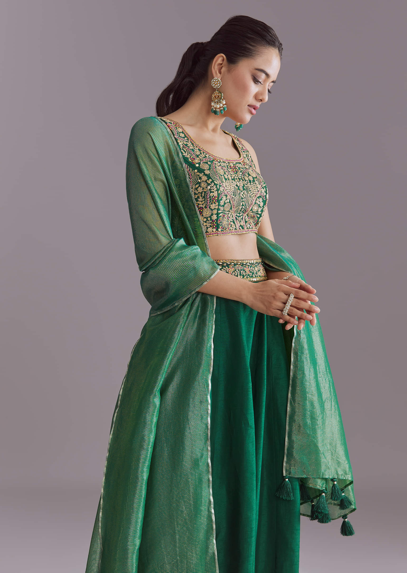 Green Silk Festive Lehenga With Zari Work - Image 4