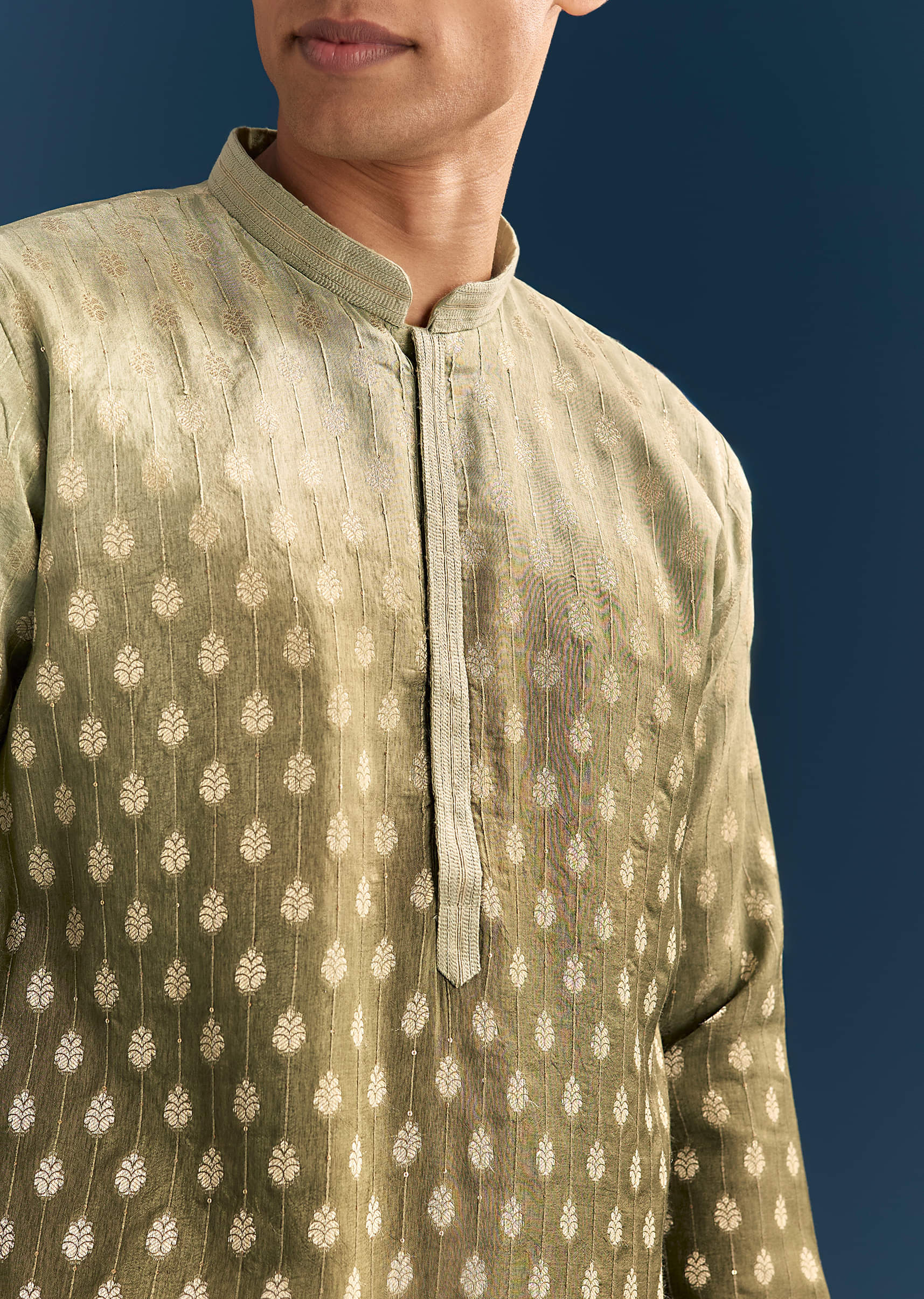Green Silk Foil Kurta Set For Men With Sequins Embroidery - Image 2