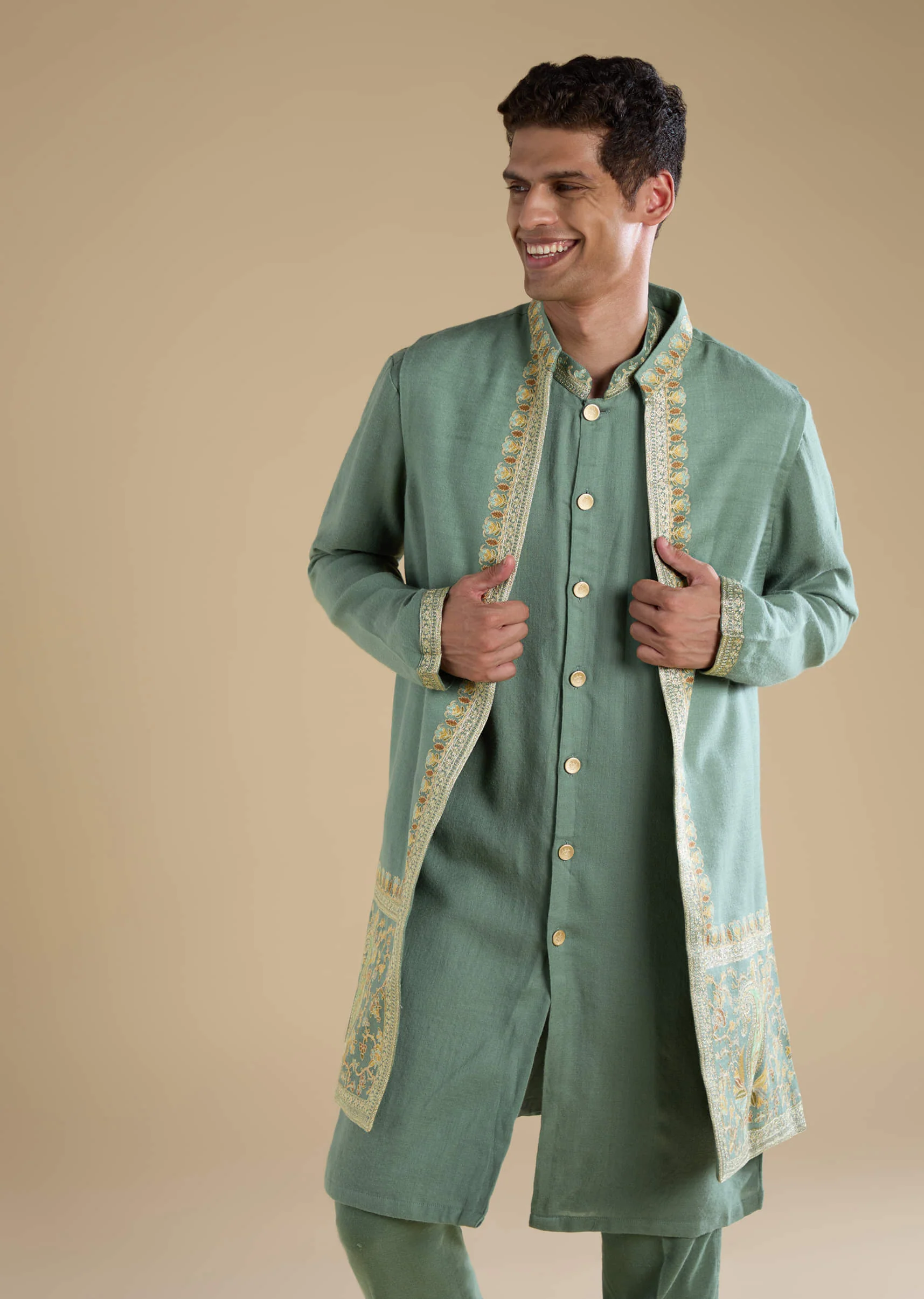 Green Silk Jacket Kurta Set with Resham Work - Image 4