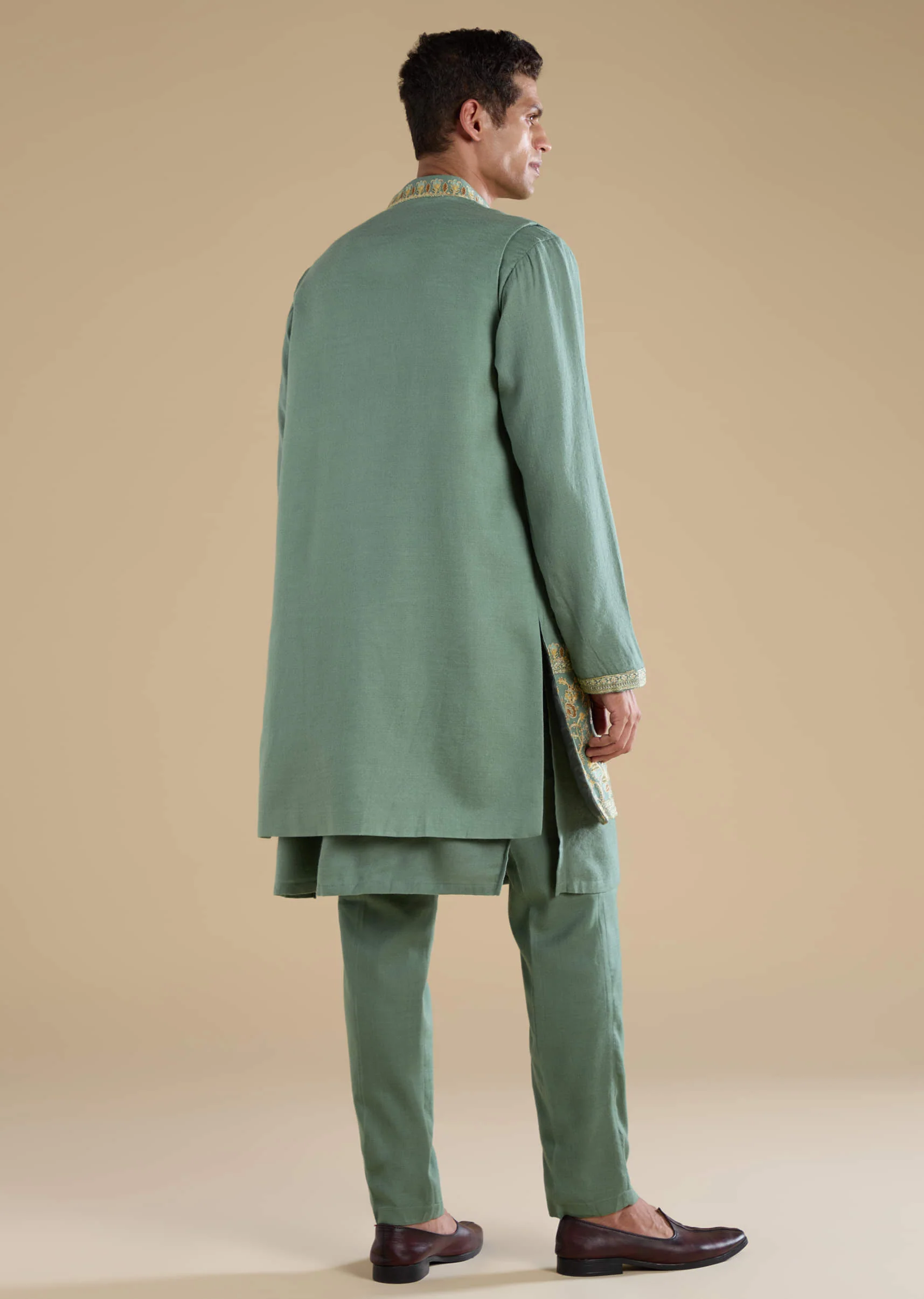 Green Silk Jacket Kurta Set with Resham Work - Image 5