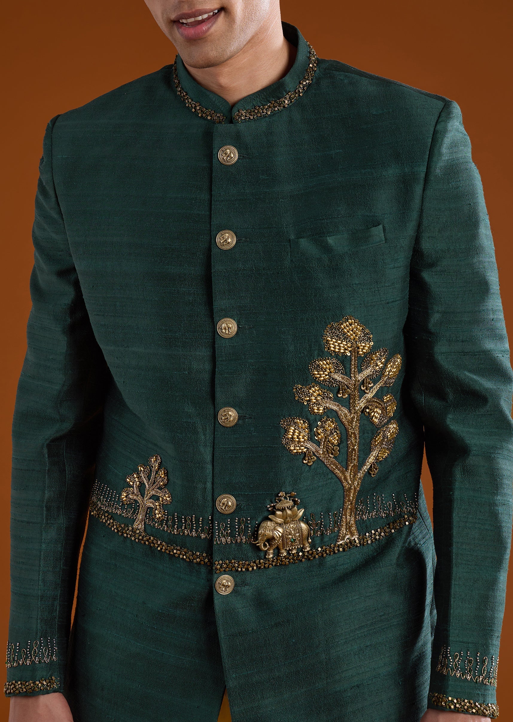 Green Silk Jodhpuri Set with Zari Embroidery - Image 2