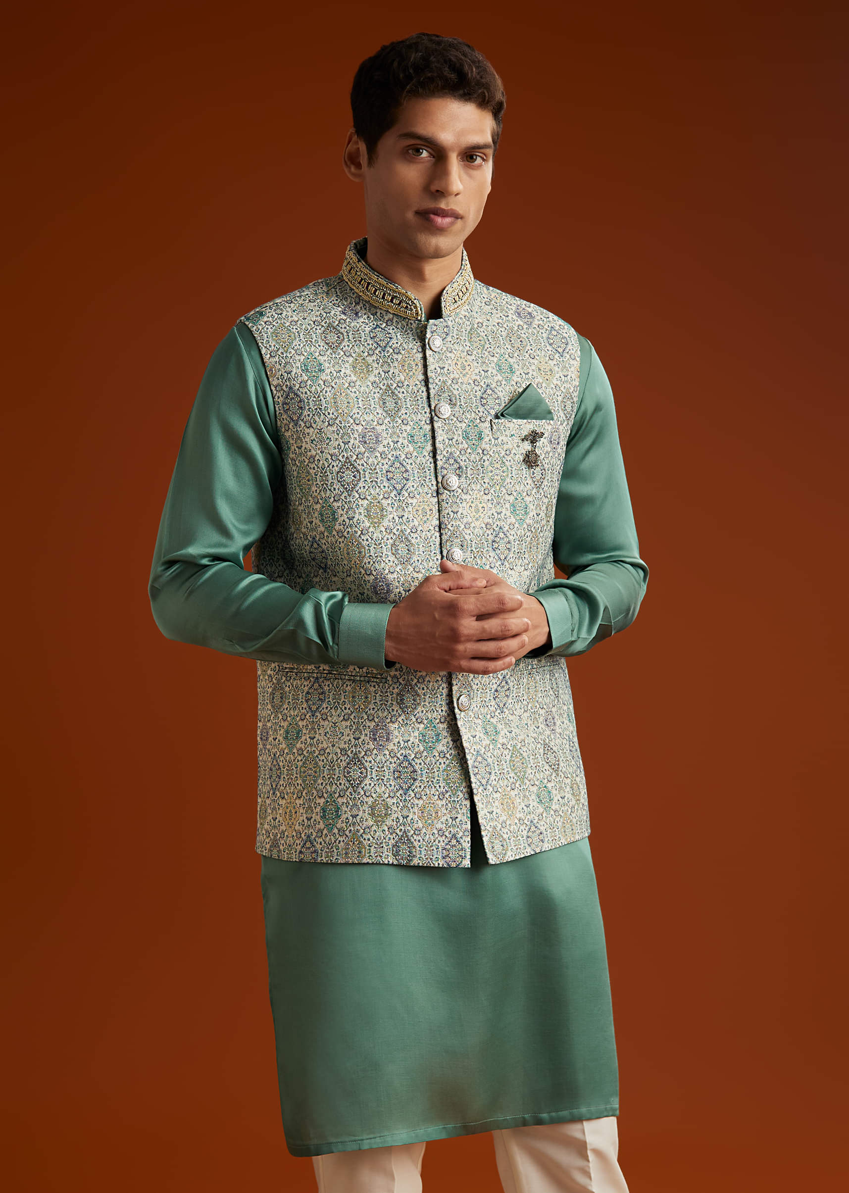 Green Silk Kurta Jacket Set For Men With Geometric Jaal Print - Image 4