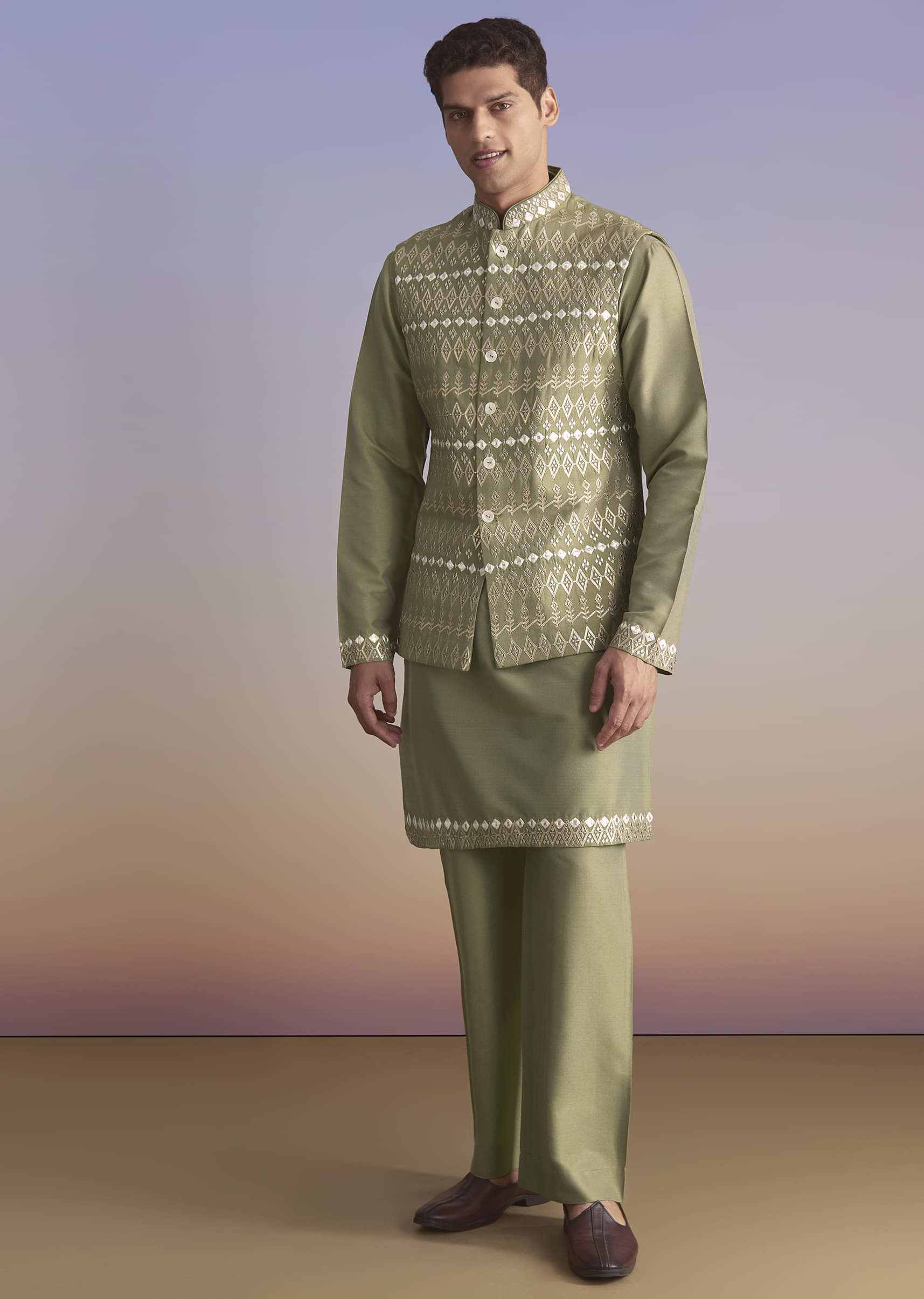 Green Silk Kurta Jacket Set For Men With Intricate Hand Embroidery - Image 3