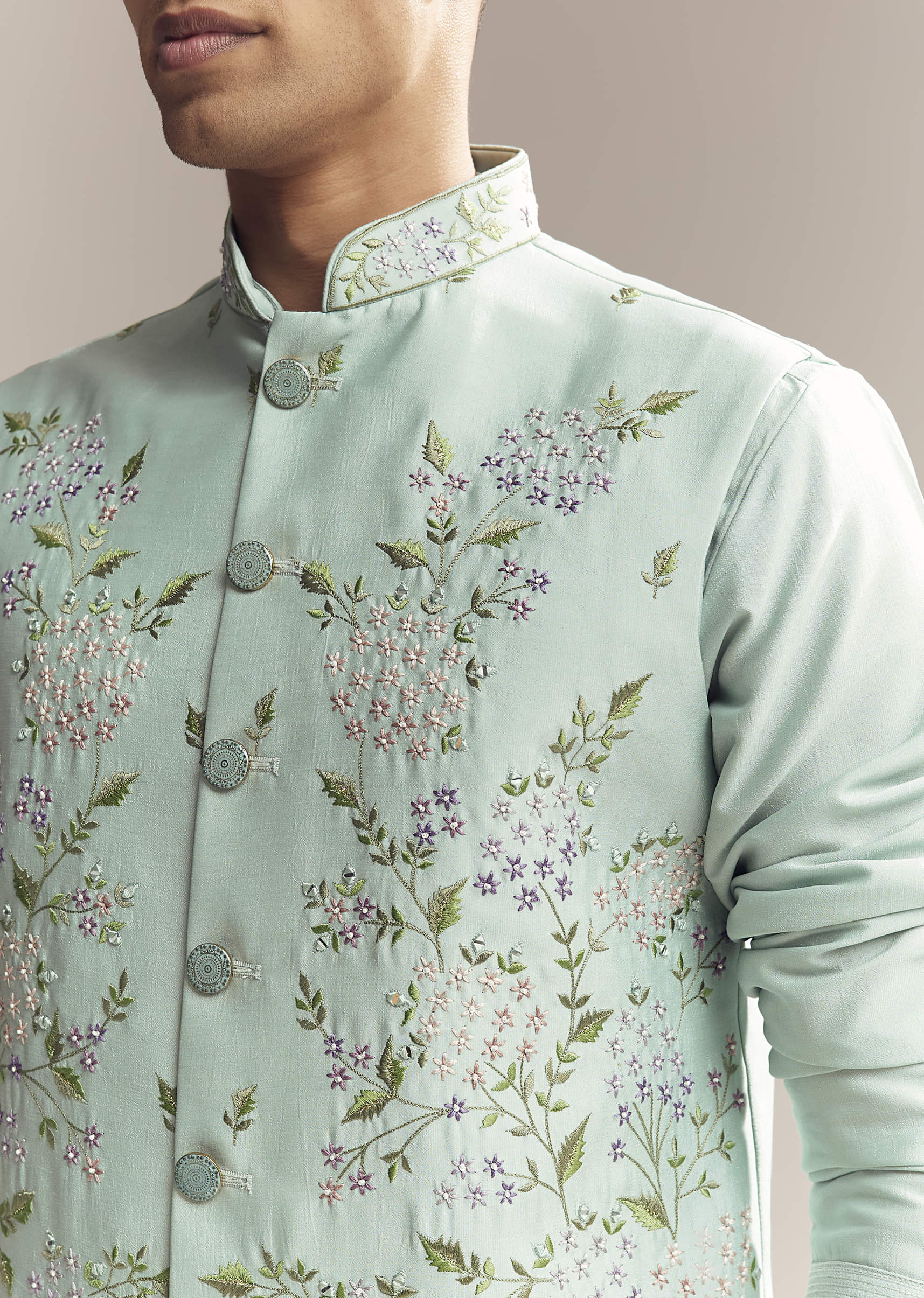 Green Silk Kurta Jacket Set For Men With Thread And Mirror Embroidery - Image 2