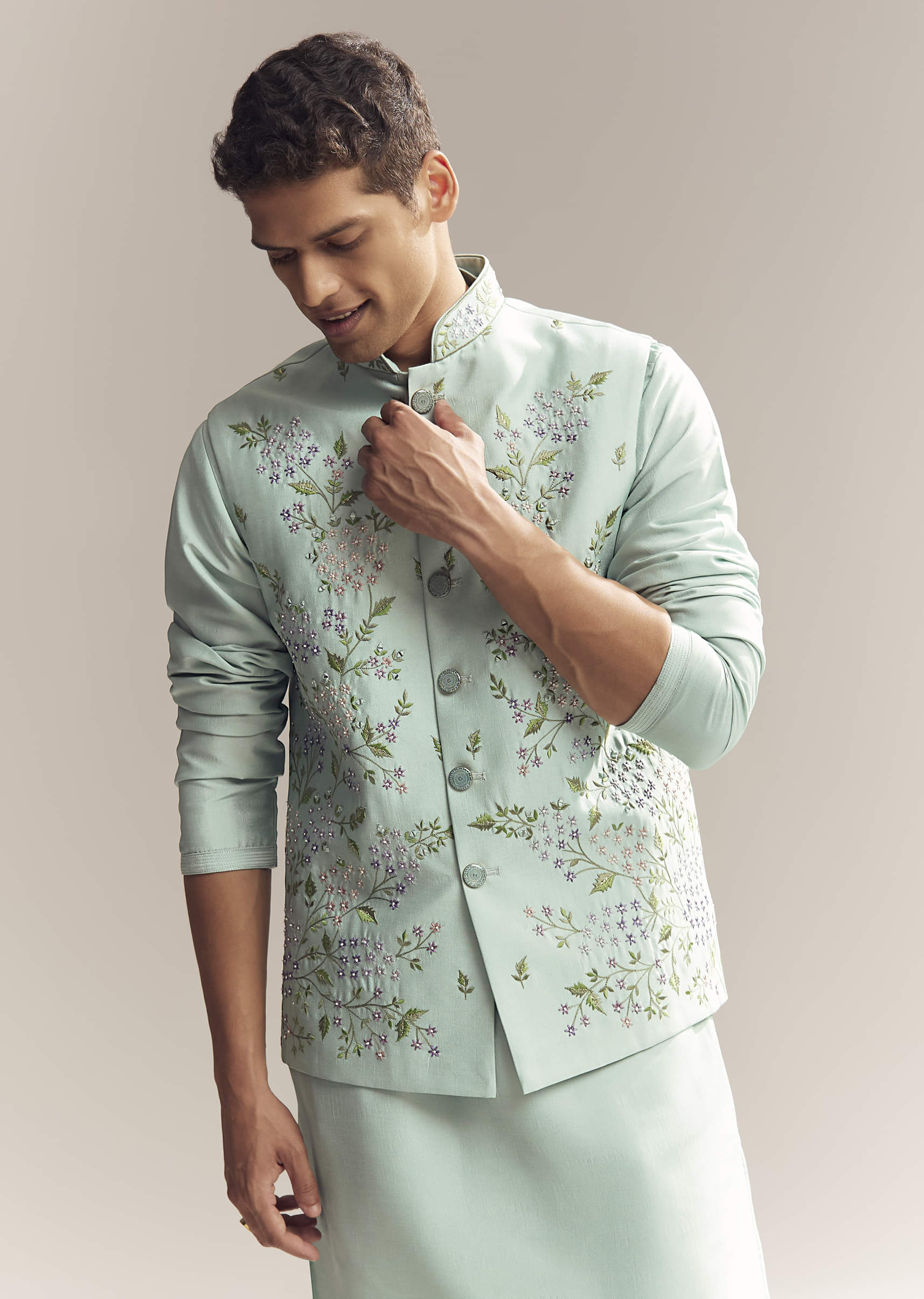 Green Silk Kurta Jacket Set For Men With Thread And Mirror Embroidery - Image 4