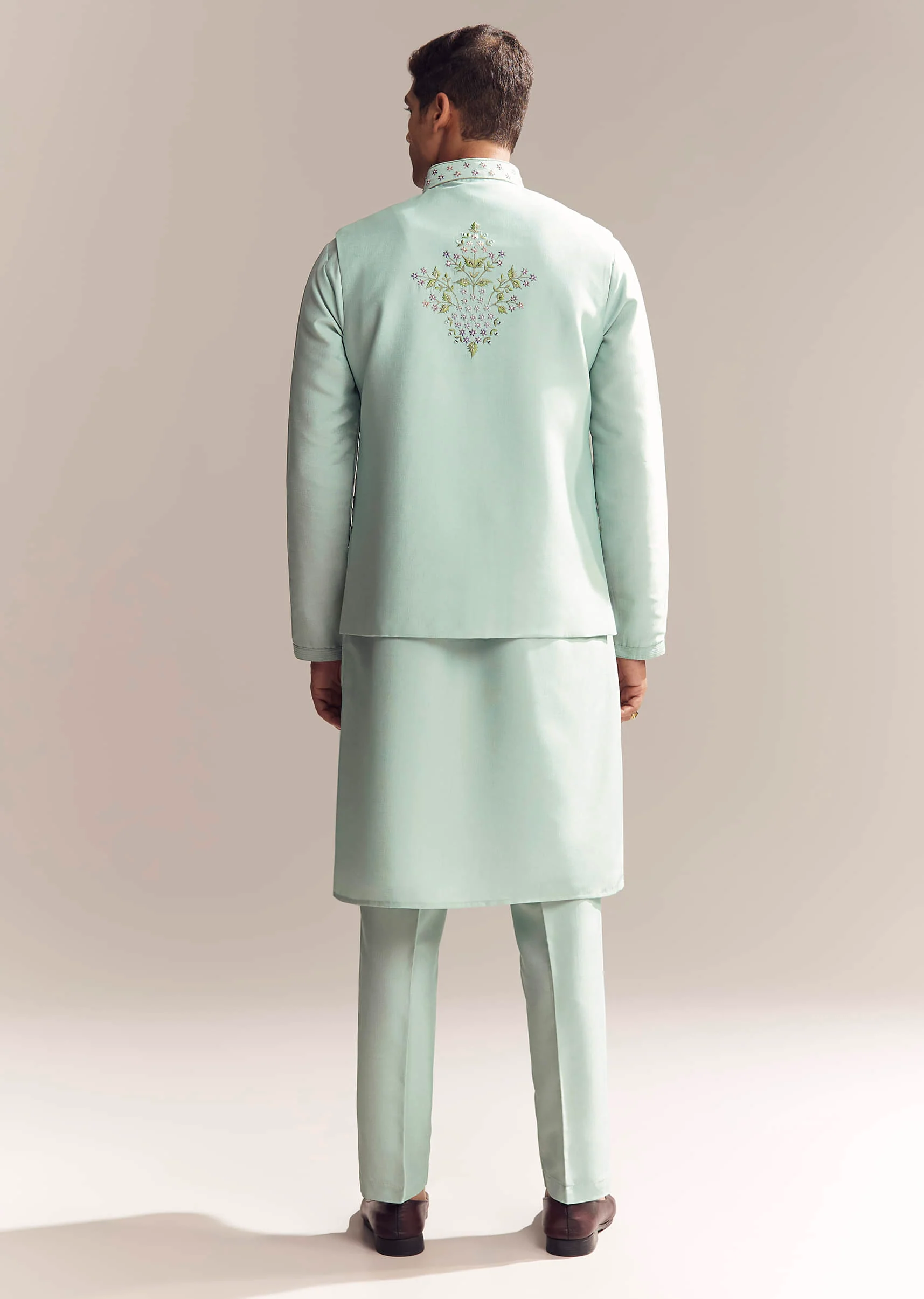Green Silk Kurta Jacket Set For Men With Thread And Mirror Embroidery - Image 5