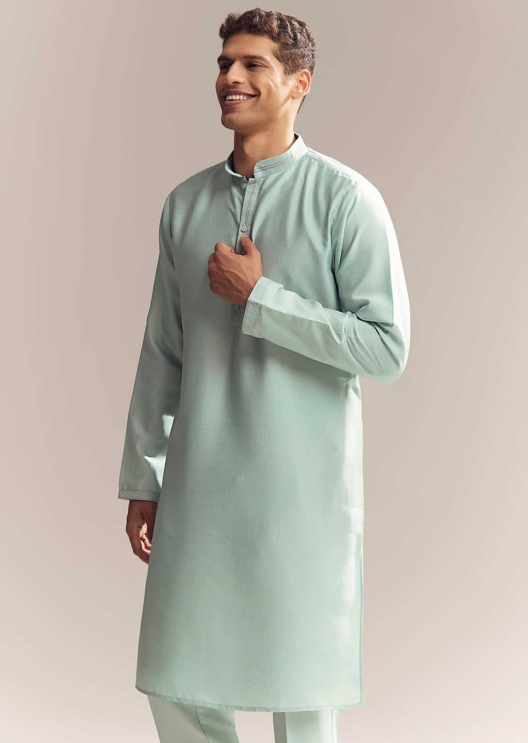 Green Silk Kurta Jacket Set For Men With Thread And Mirror Embroidery - Image 6