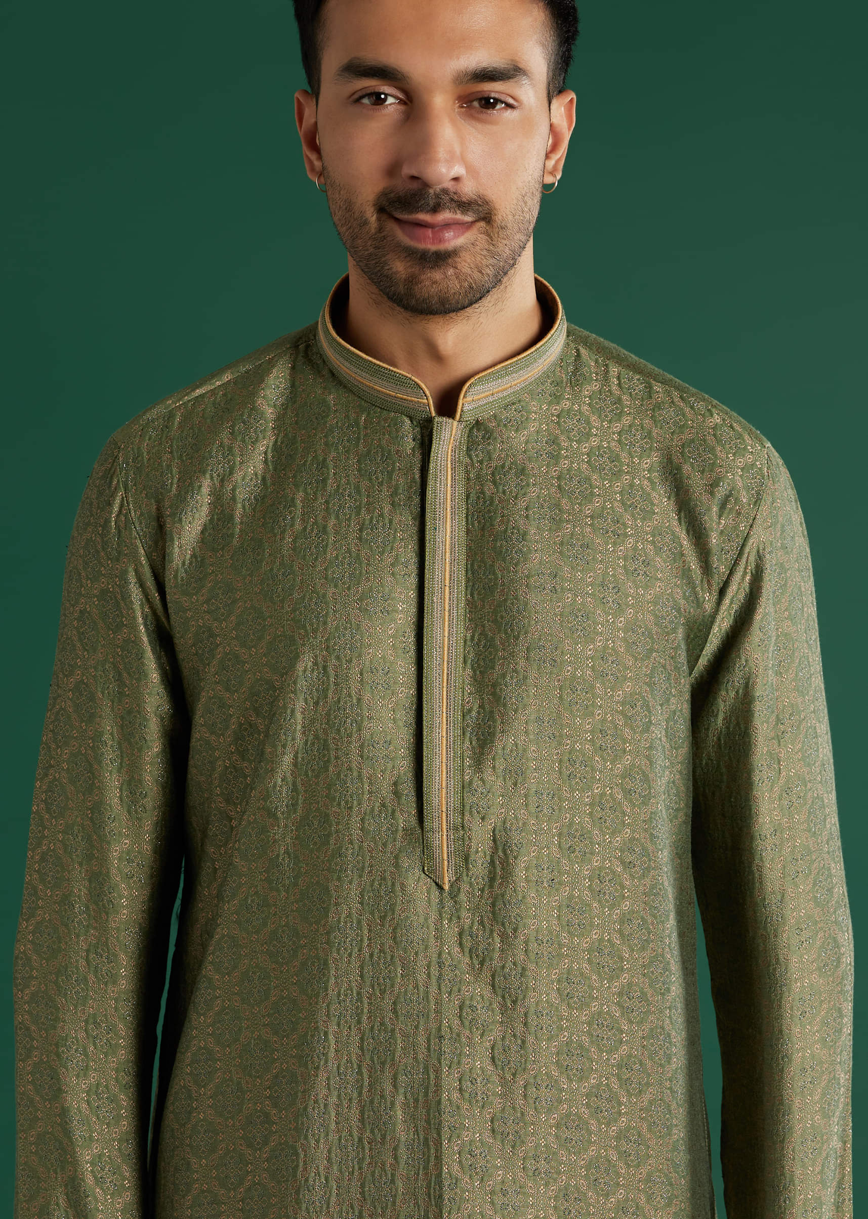 Green Silk Kurta Set For Men With Brocade Work - Image 2