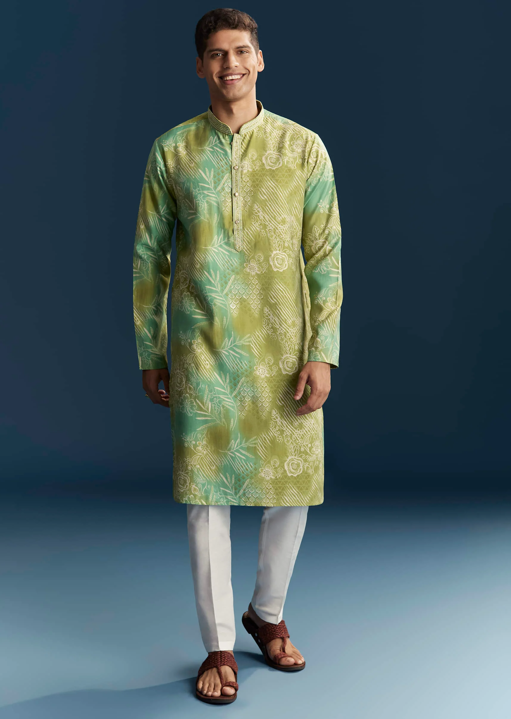 Green Silk Kurta Set For Men With Floral And Abstract Print - Image 3