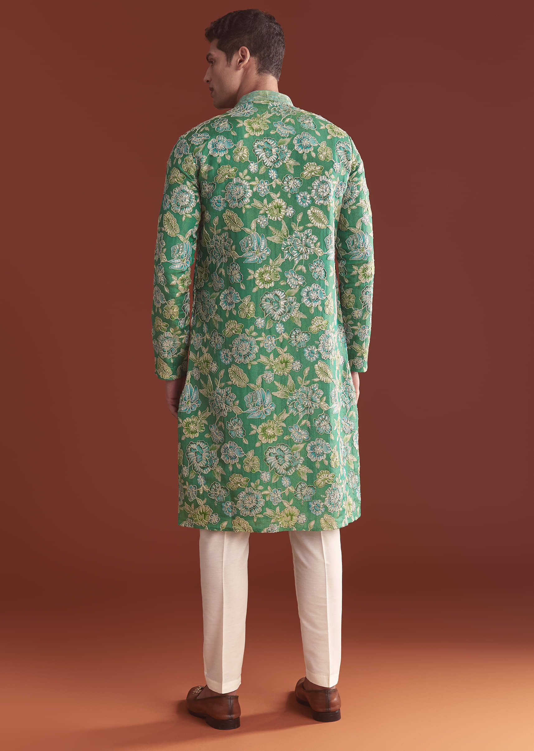 Green Silk Kurta Set For Men With Floral Resham Work - Image 5