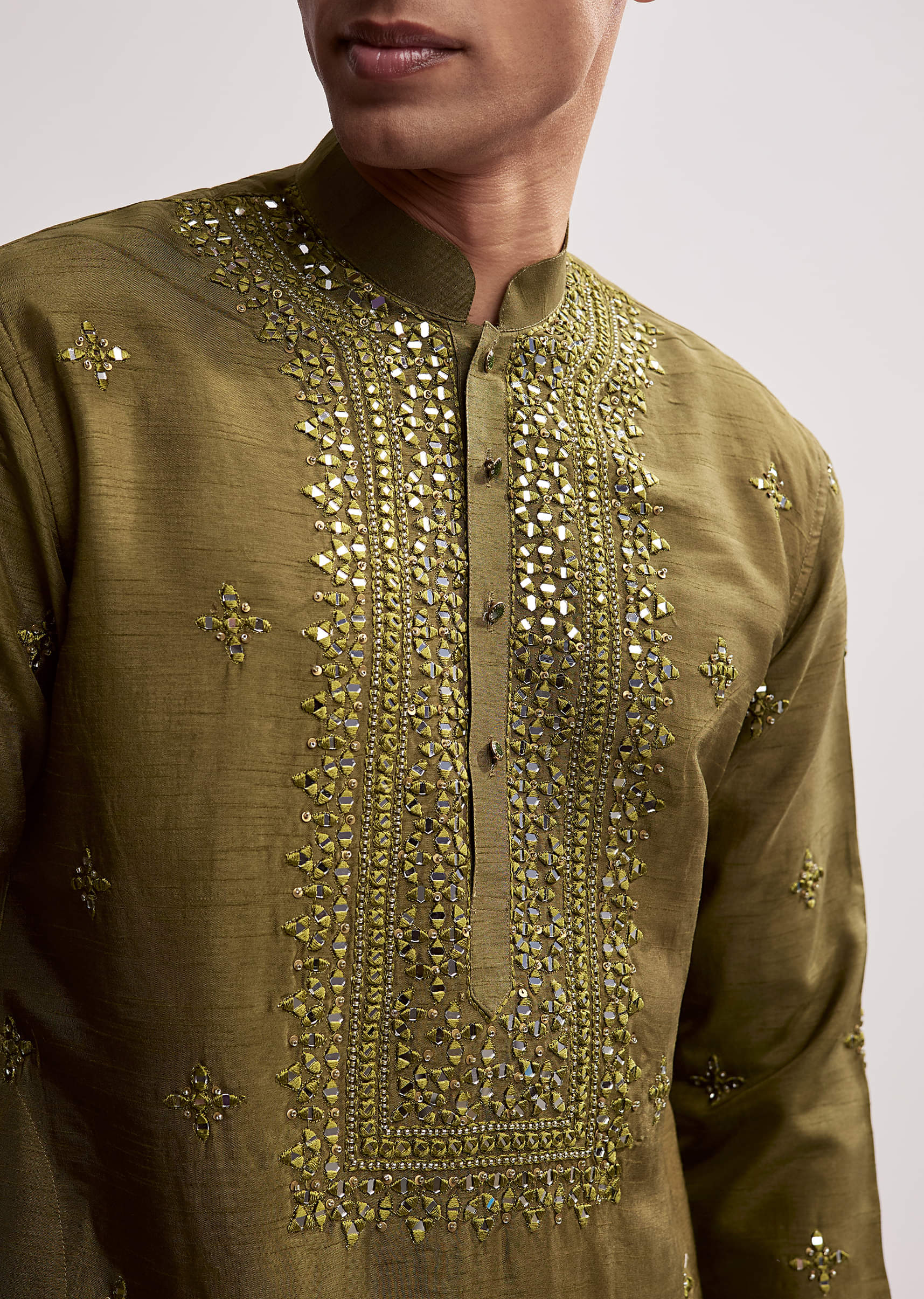 Green Silk Kurta Set For Men With Hand Embroidery - Image 2