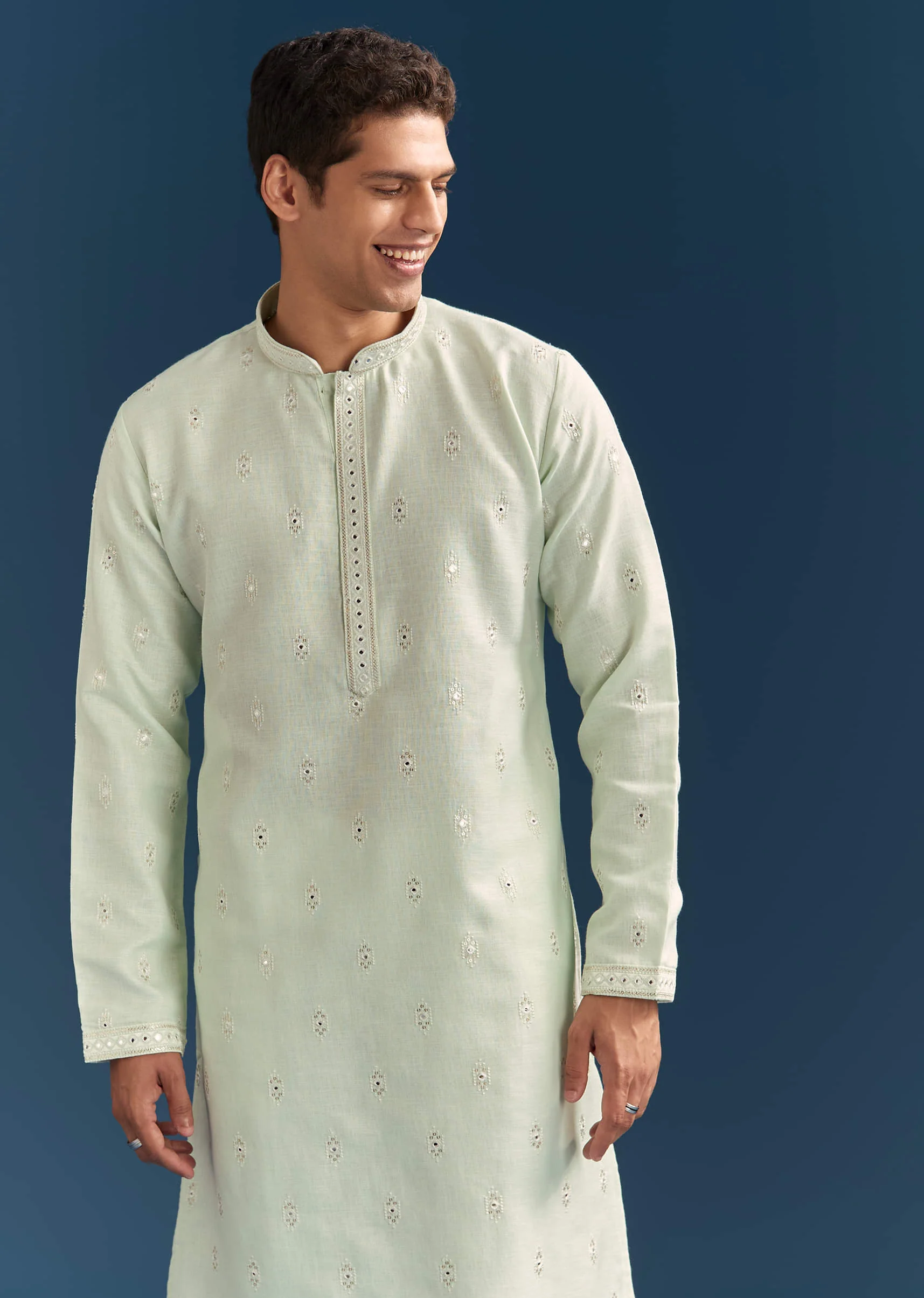 Green Silk Kurta Set For Men With Mirror Embroidery - Image 3