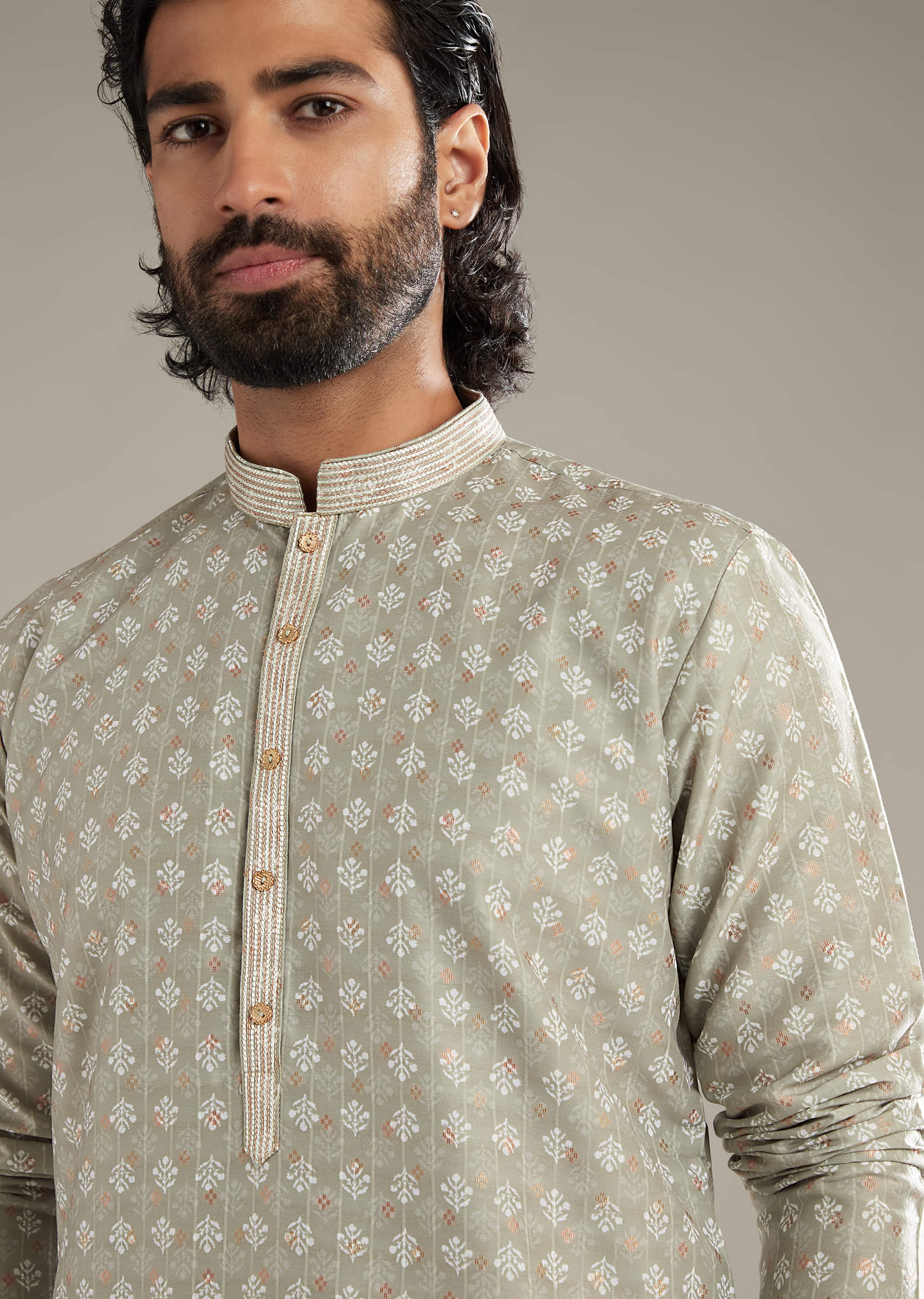 Green Silk Kurta Set For Men With Printed Motifs - Image 2