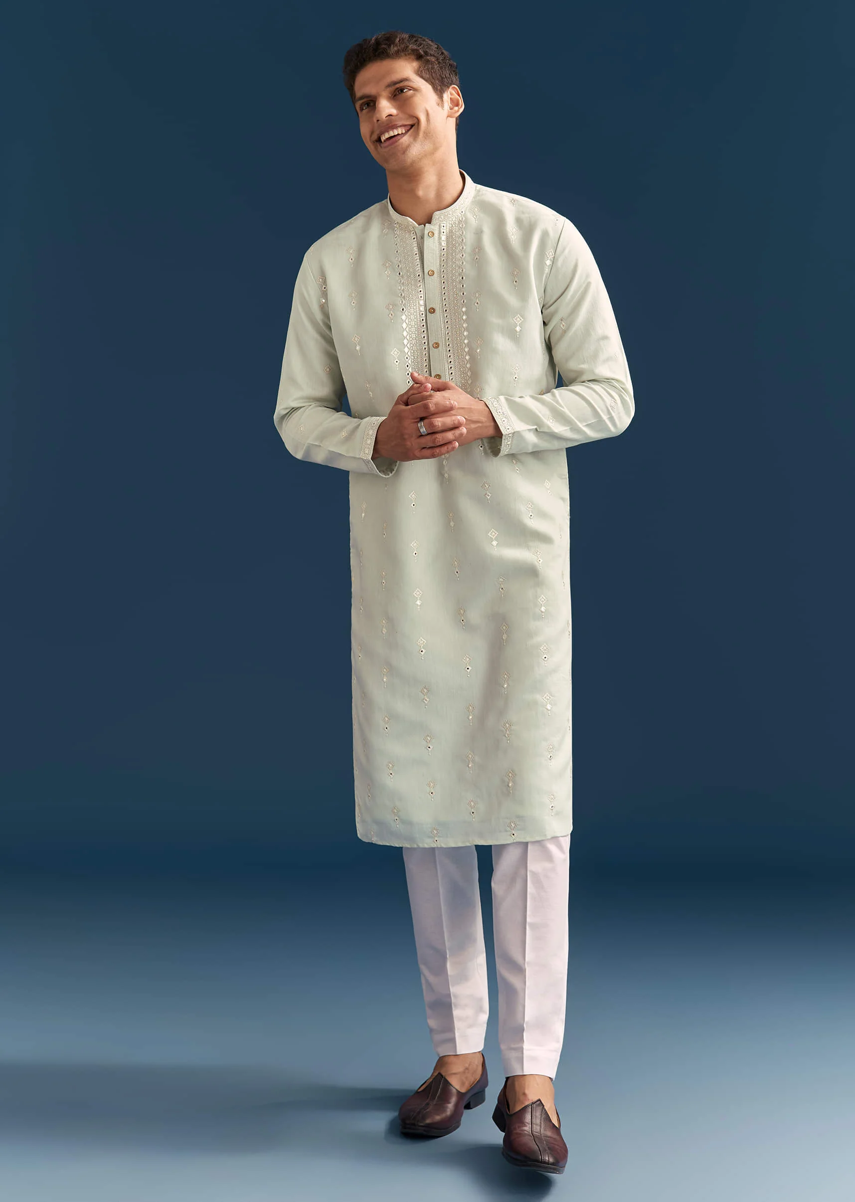 Green Silk Kurta Set For Men With Thread And Mirror Embroidery - Image 2