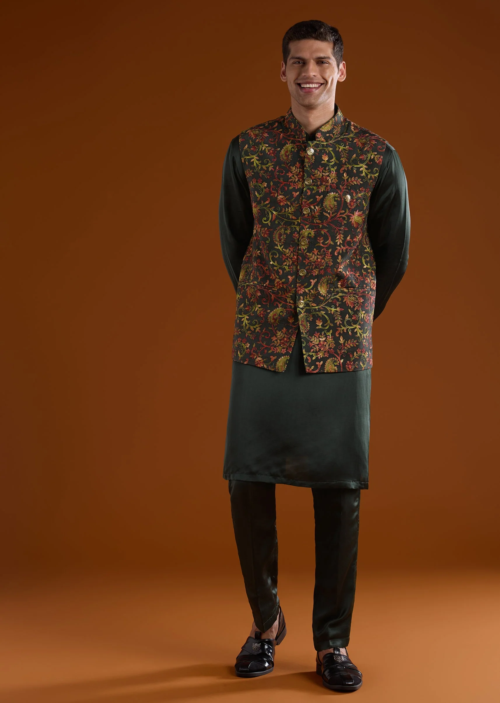 Green Silk Mens Kurta Jacket Set - Image 3