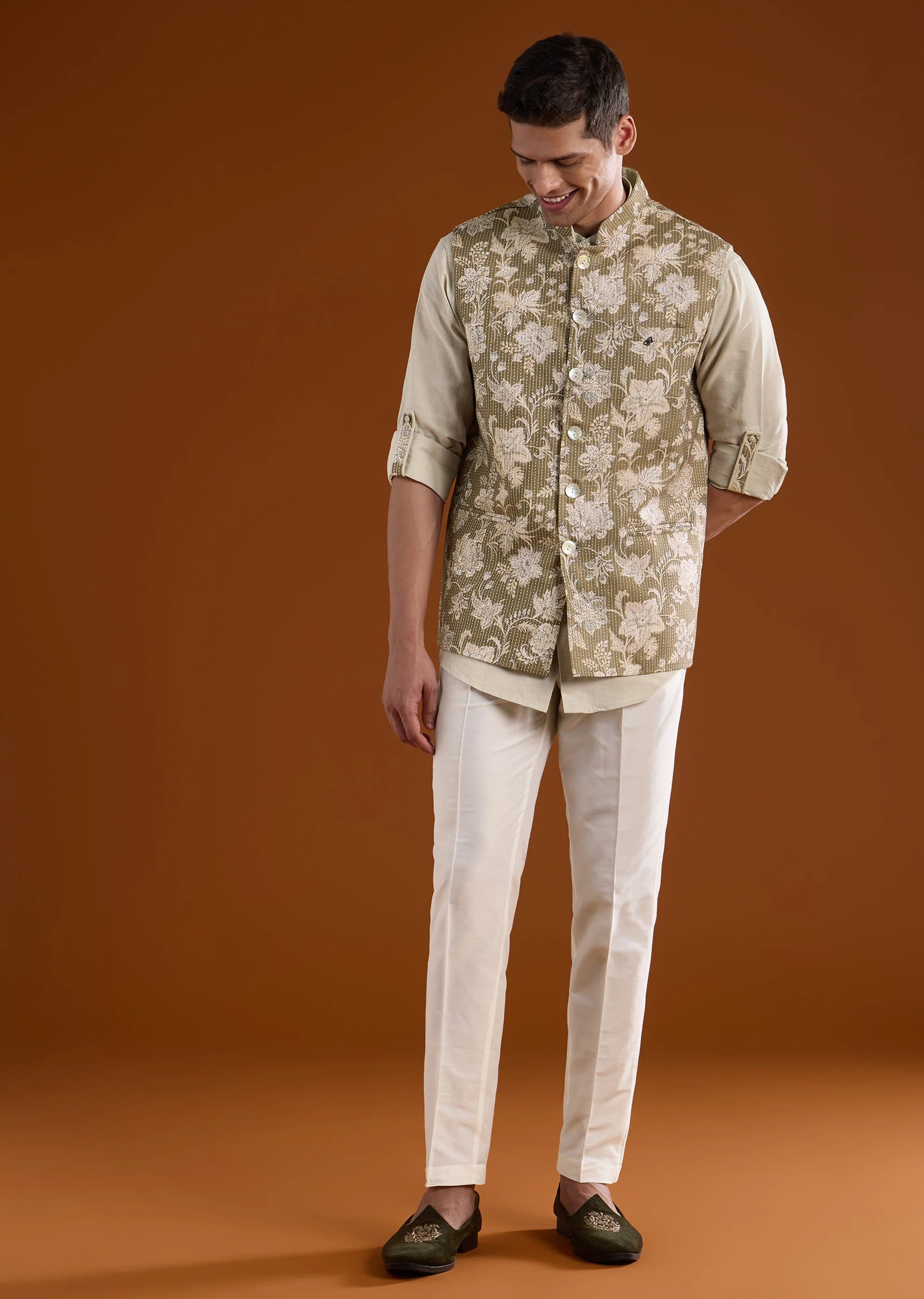 Green Silk Mens Kurta Jacket Set With Floral Pattern