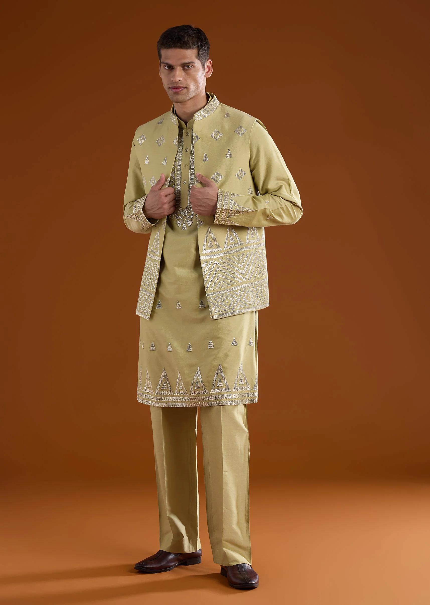 Green Silk Mens Kurta Jacket Set With Zari And Sequins Work - Image 3