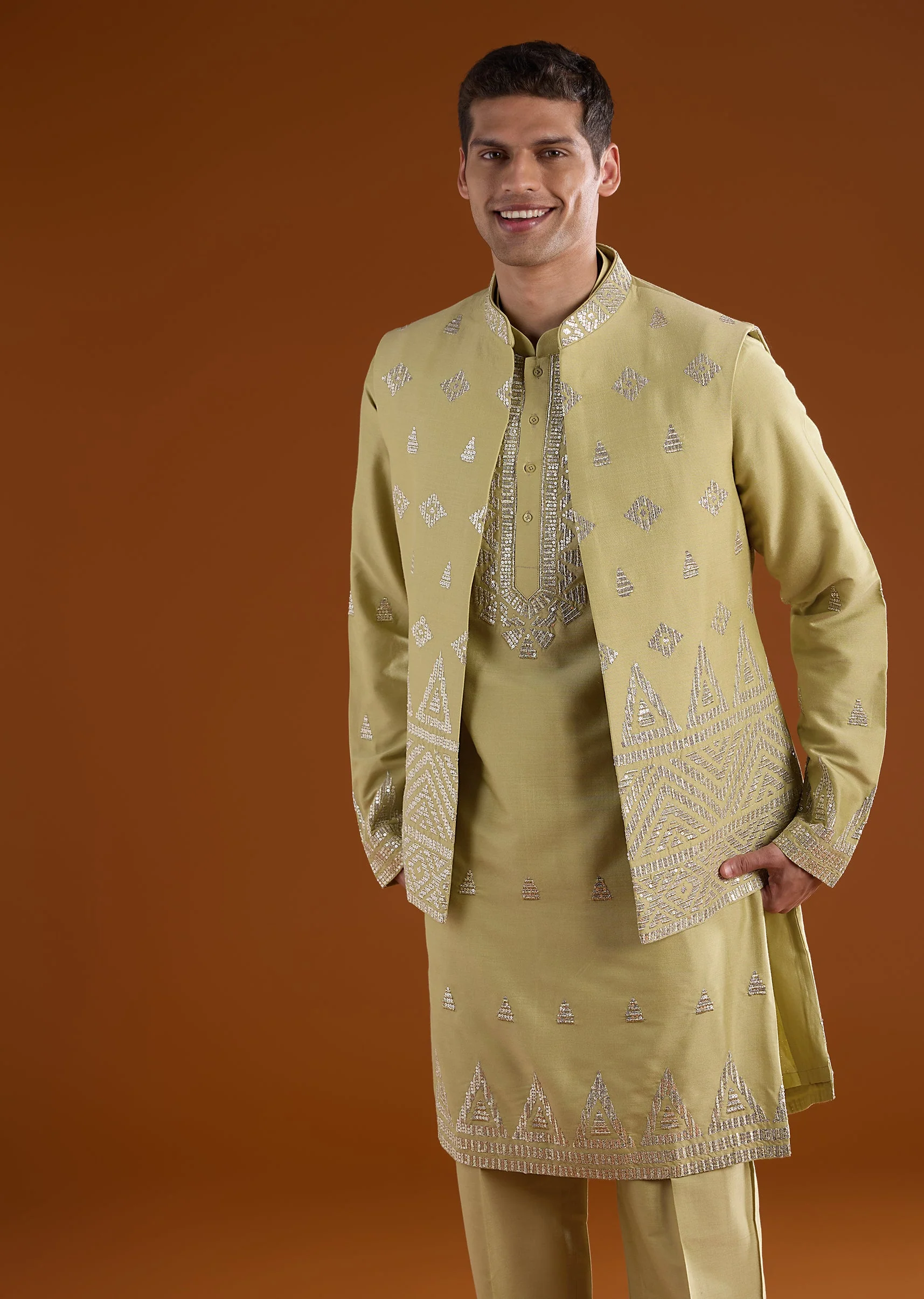 Green Silk Mens Kurta Jacket Set With Zari And Sequins Work - Image 4