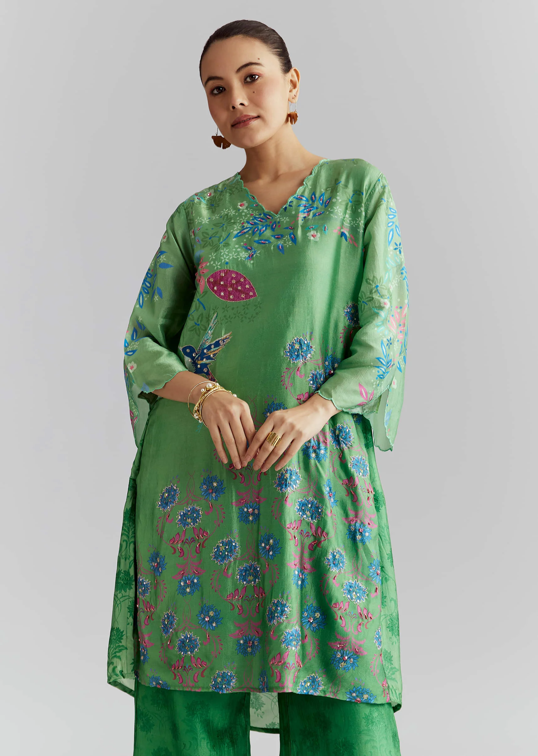 Green Silk Palazzo Suit With Floral Print And Beads Work - Image 4