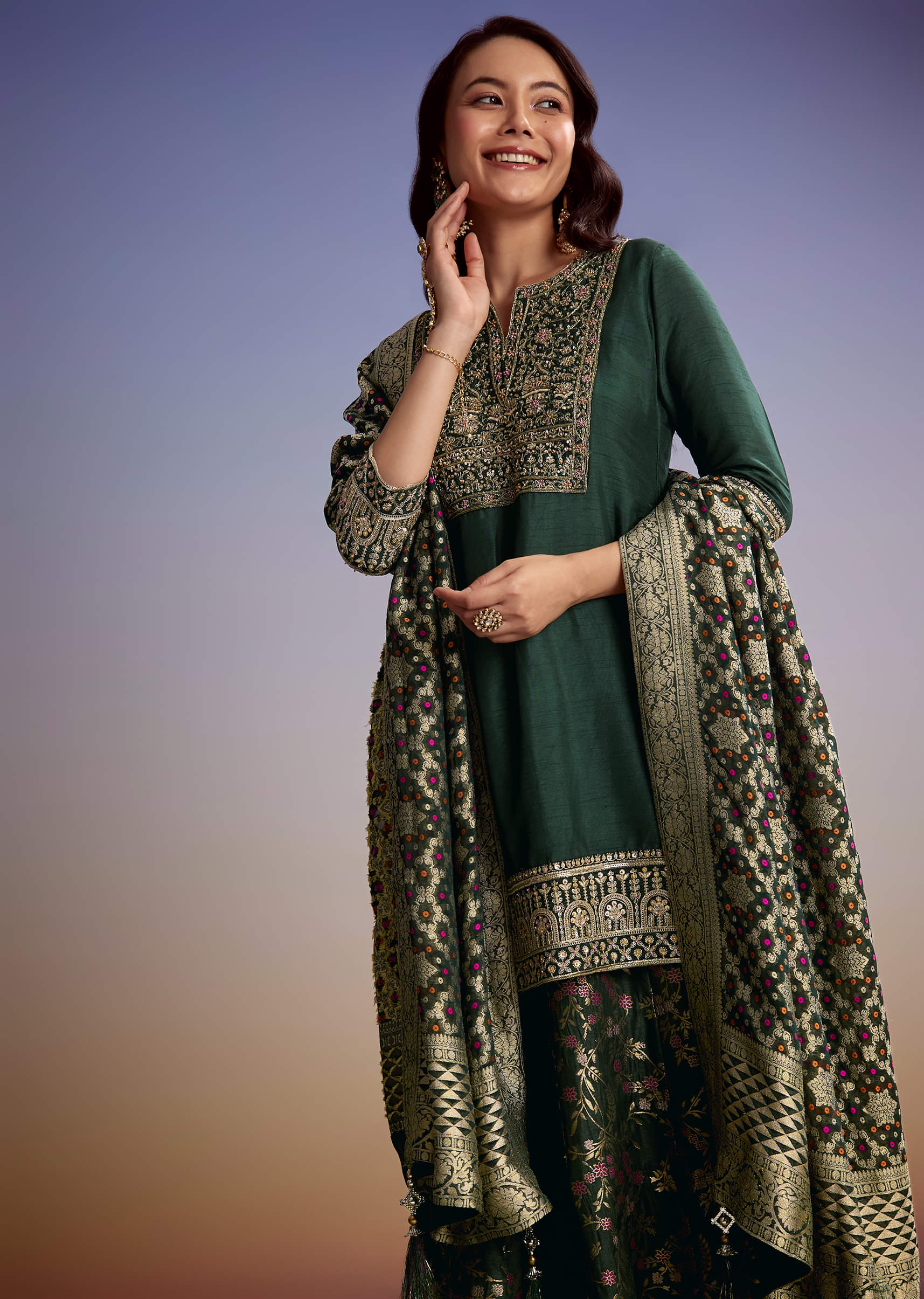 Green Silk Palazzo Suit With Heavy Embroidery - Image 4