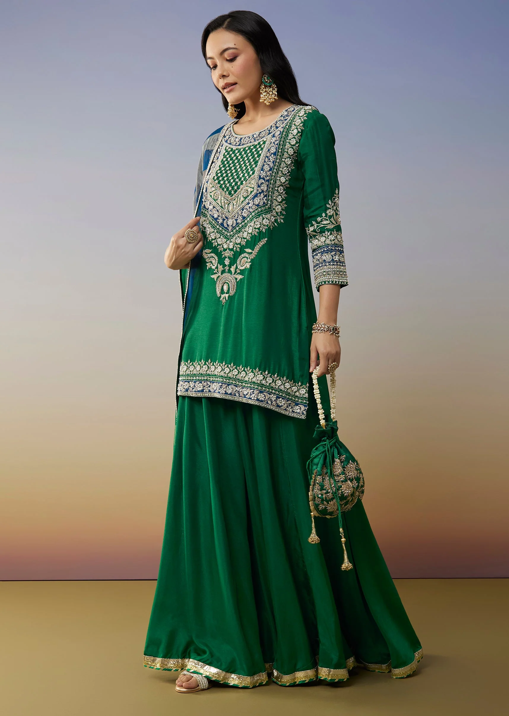 Green Silk Palazzo Suits with Moti Zardosi Work - Image 3