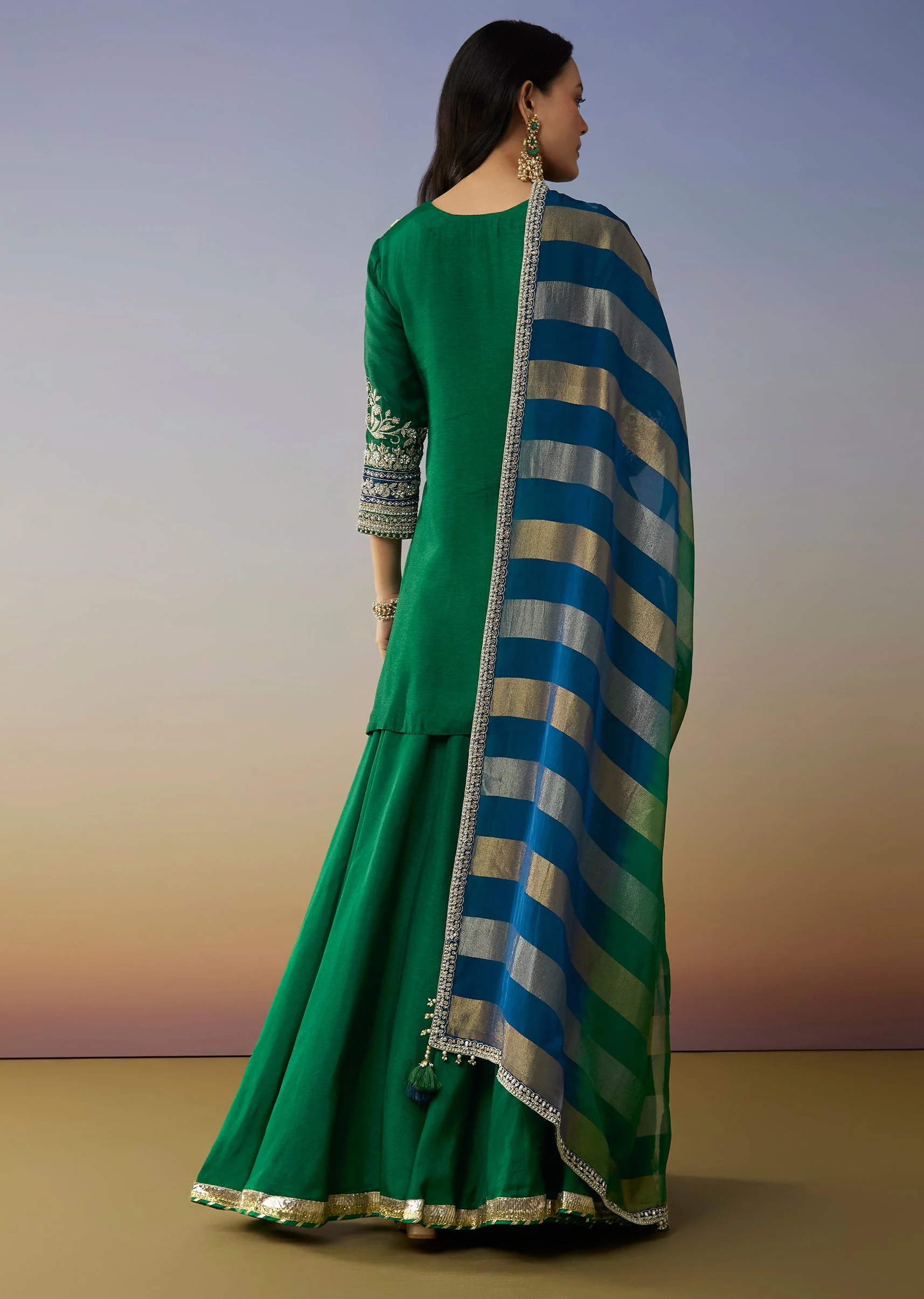 Green Silk Palazzo Suits with Moti Zardosi Work - Image 5