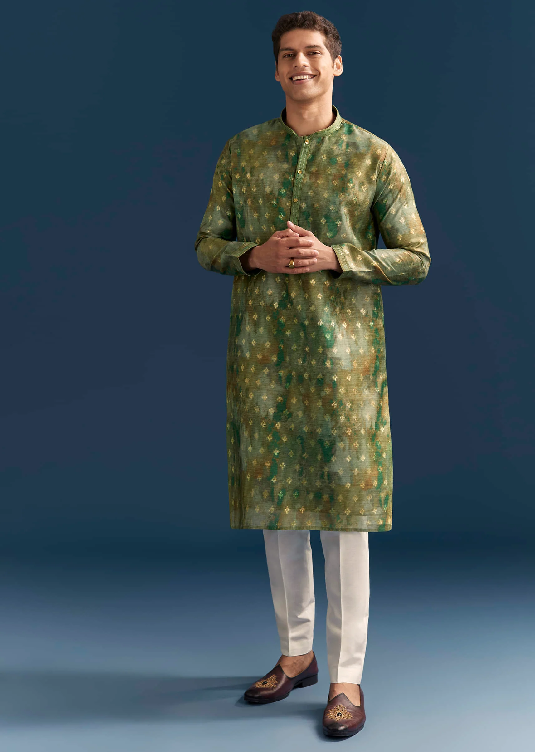 Green Silk Printed Kurta Set For Men With Foil Butti Work - Image 3