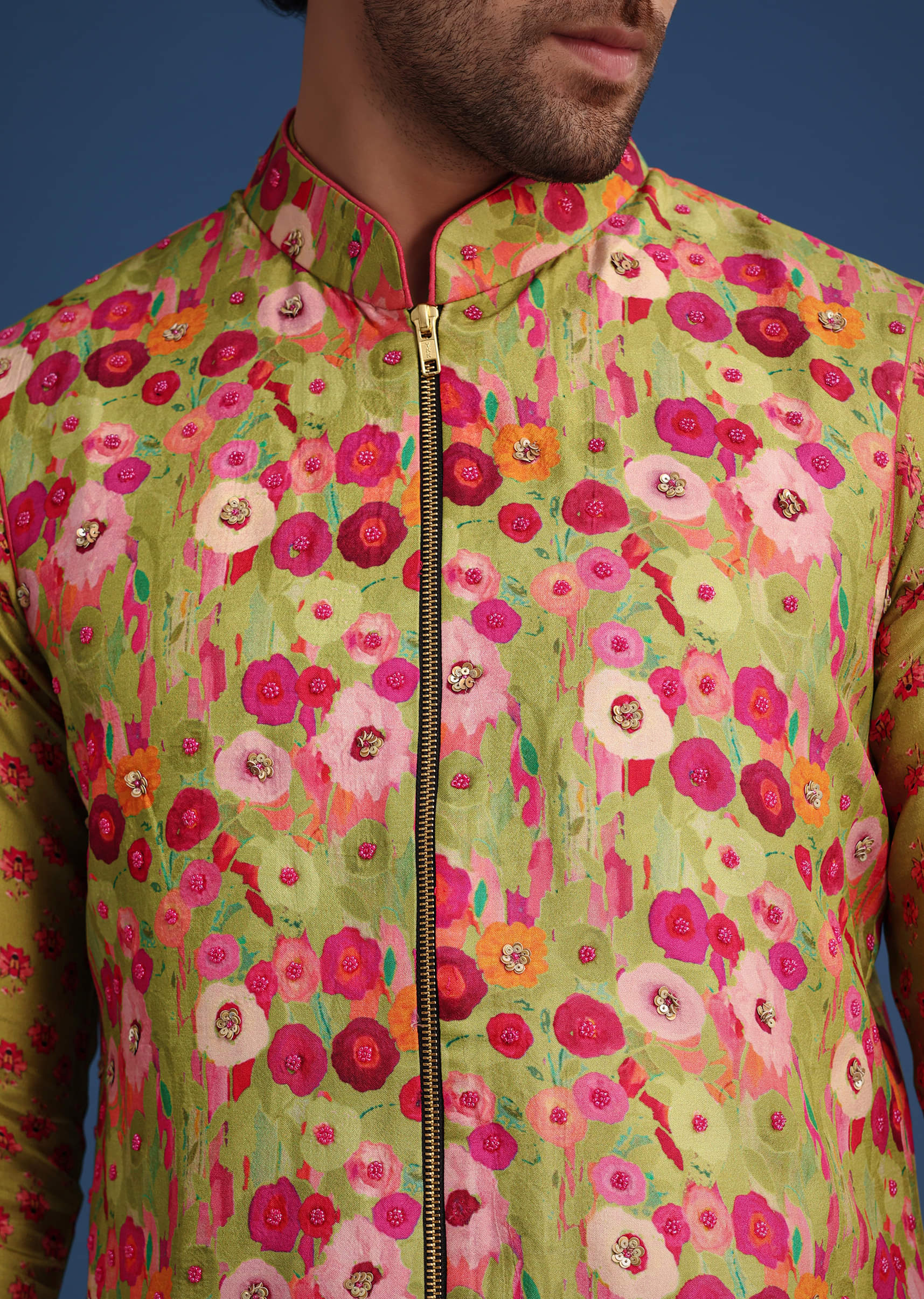 Green Silk Surreal Printed Kurta Jacket Set - Image 3