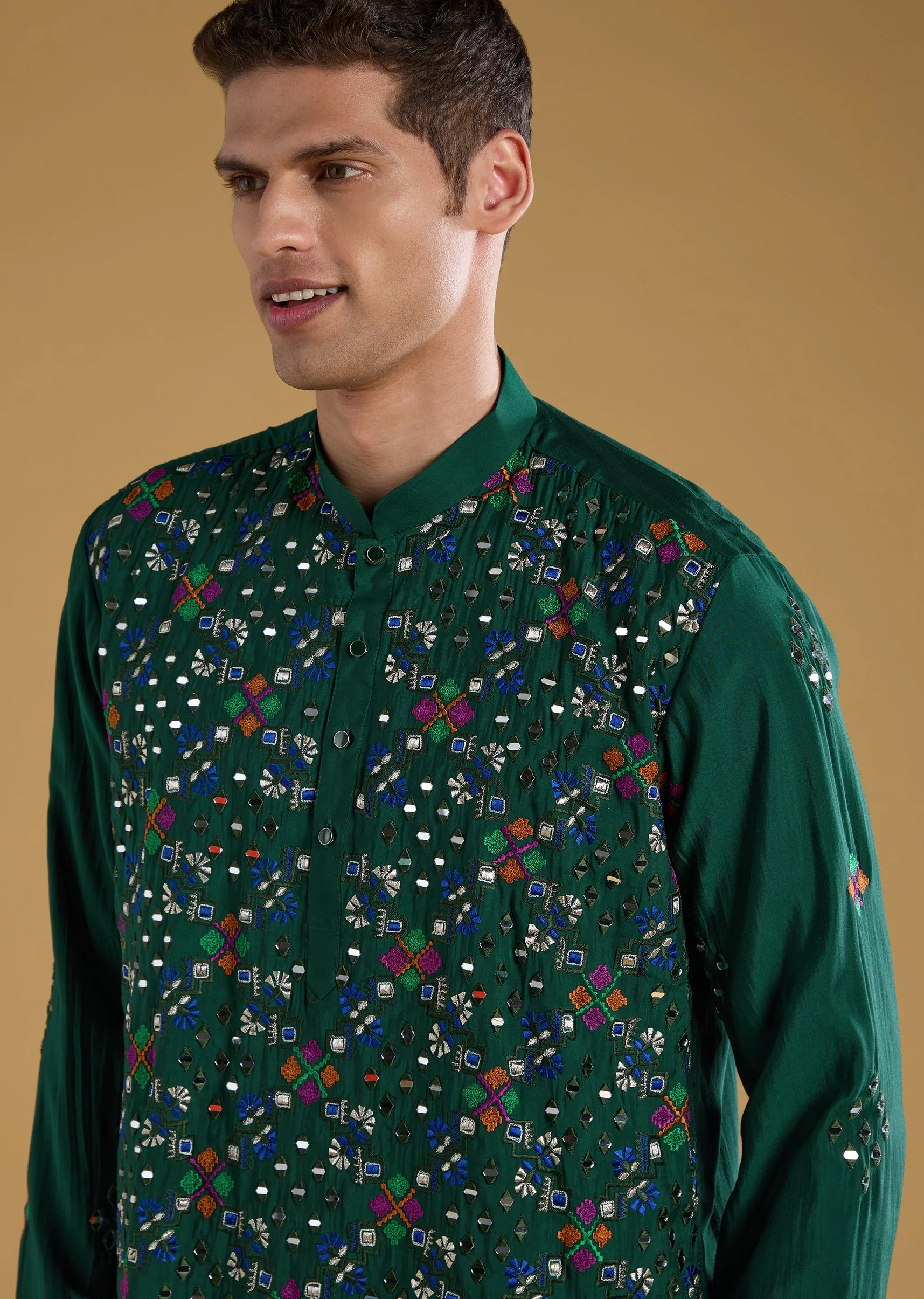 Green Silk Thread Work Men's Kurta Set with Dupatta - Image 4