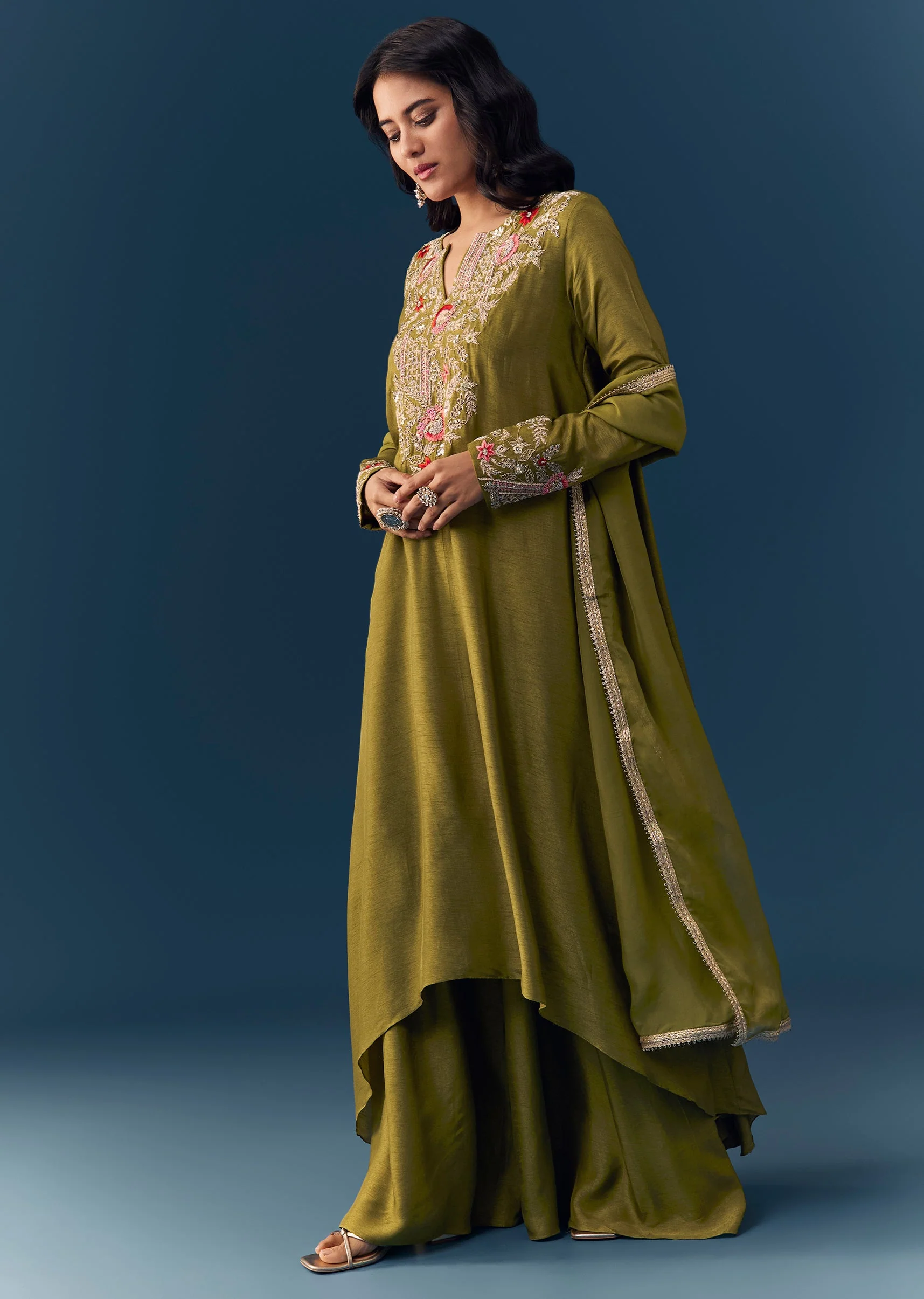 Green Silk Zardozi Work Kurta Palazzo Set - Image 3
